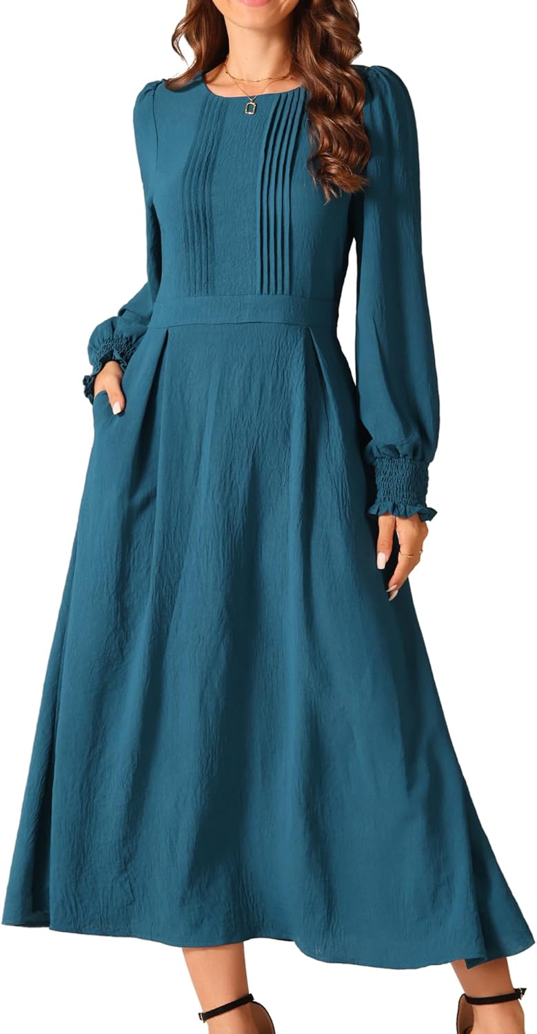 Seta T Women's Elegant Frilled Crewneck Midi Dress Long Sleeve Pleated A-Line Flowy Casual Dresses with Pockets, Medium