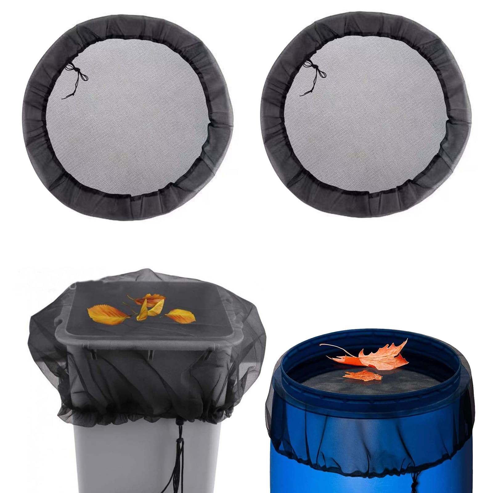 2PCS Water Butt Mesh Cover, Anti-Mosquito, Leaf-Proof Water Butt Cover, Adjustable Net for Rain Water' Collectors (Black)