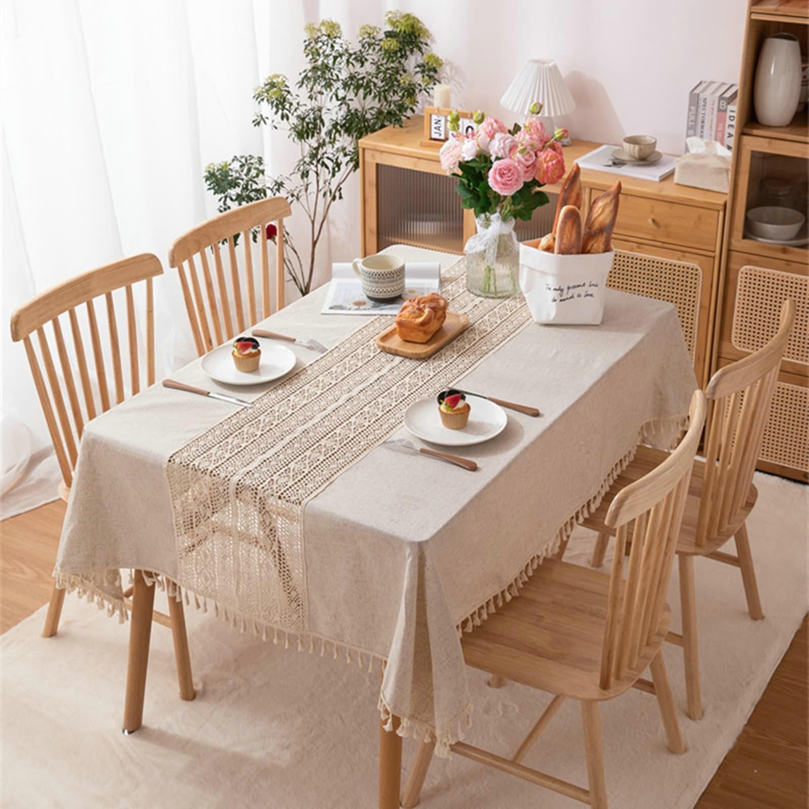 Gualiy Mantel Cocina Rectangular, Poliéster Mantel de Mesa Cocina 140x240CM Mantel Cocina Lavable Hueco con Borlas Mantel para Mesa de Sofa, Beige