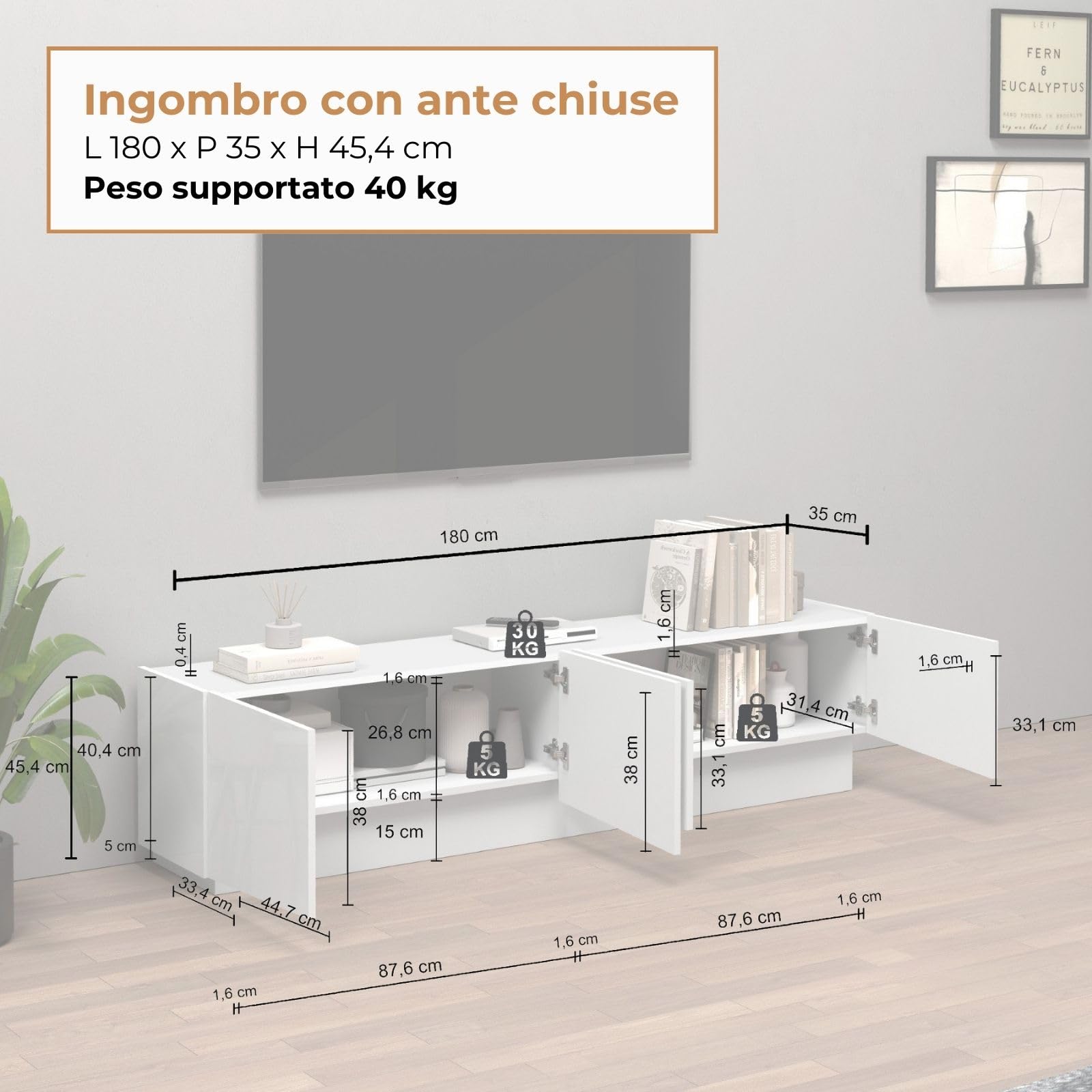 WHOUS Mobile Porta TV VELA per Soggiorno con 4 Ante e 2 Vani Interni, Mobile Tv per Salotto in Legno, 180x35x45,4 cm, Bianco Lucido