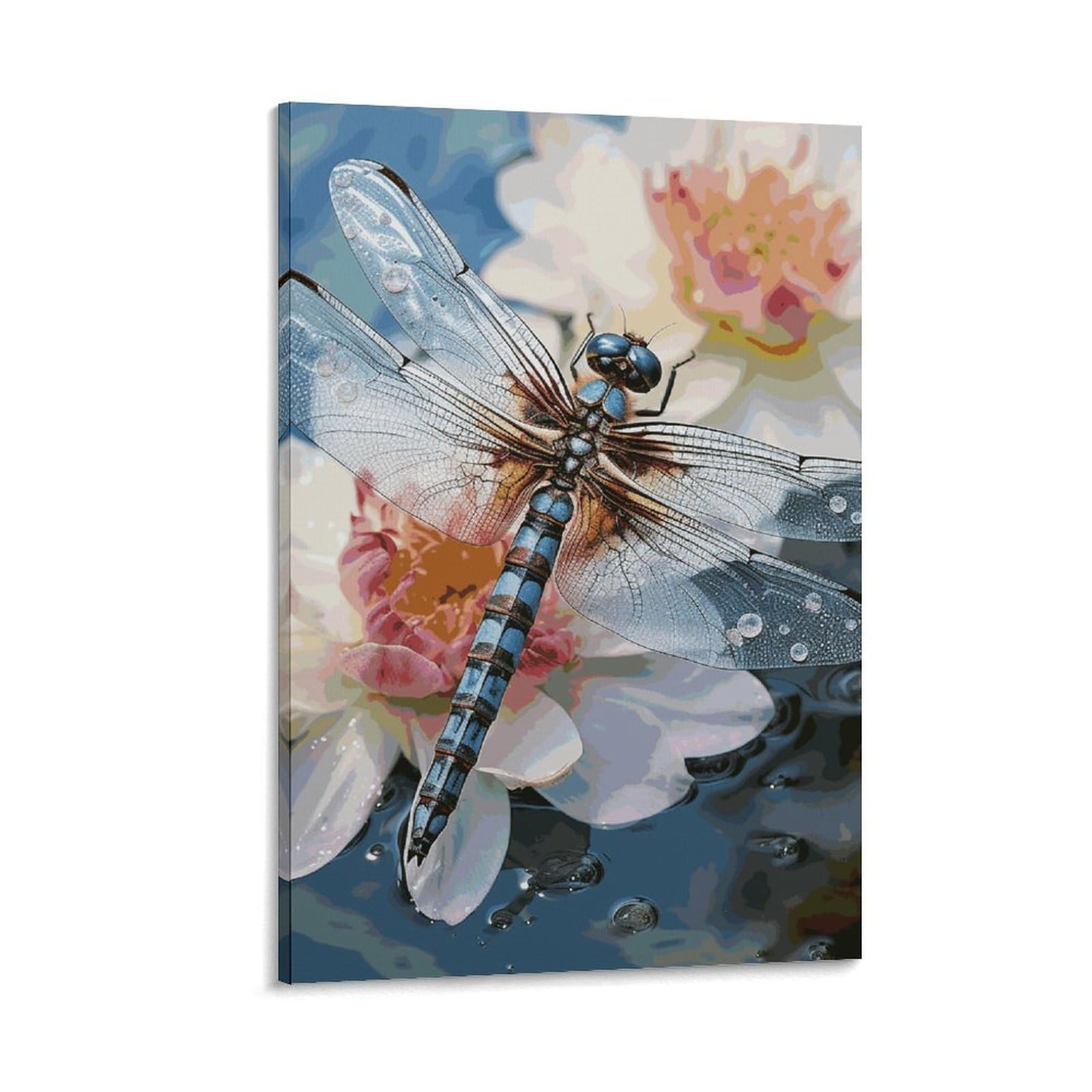 Canvas Wall Art for Living Room 16"x24" Modern Artwork Painting Pictures Hanging Canvas Prints Dragonfly Flower Aesthetic Wall Art for Bedroom Bathroom Office Wall Art Print Decor Dragonfly Flower