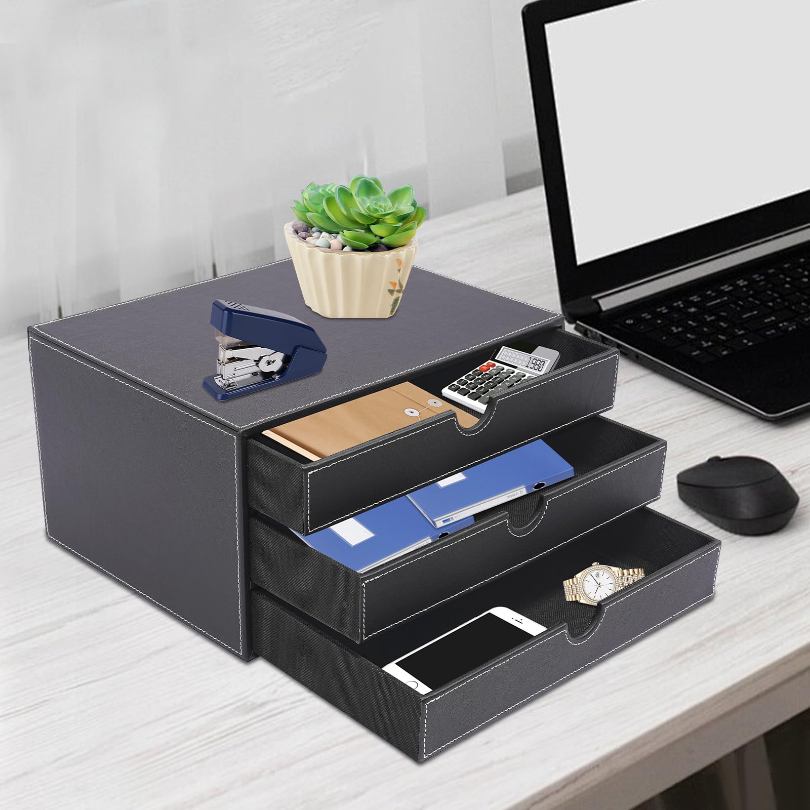 Scatola di archiviazione per documenti in pelle PU a 3 livelli per ufficio domestico Porta documenti A4 con cassetti Sistema di archiviazione nero per spazio di lavoro