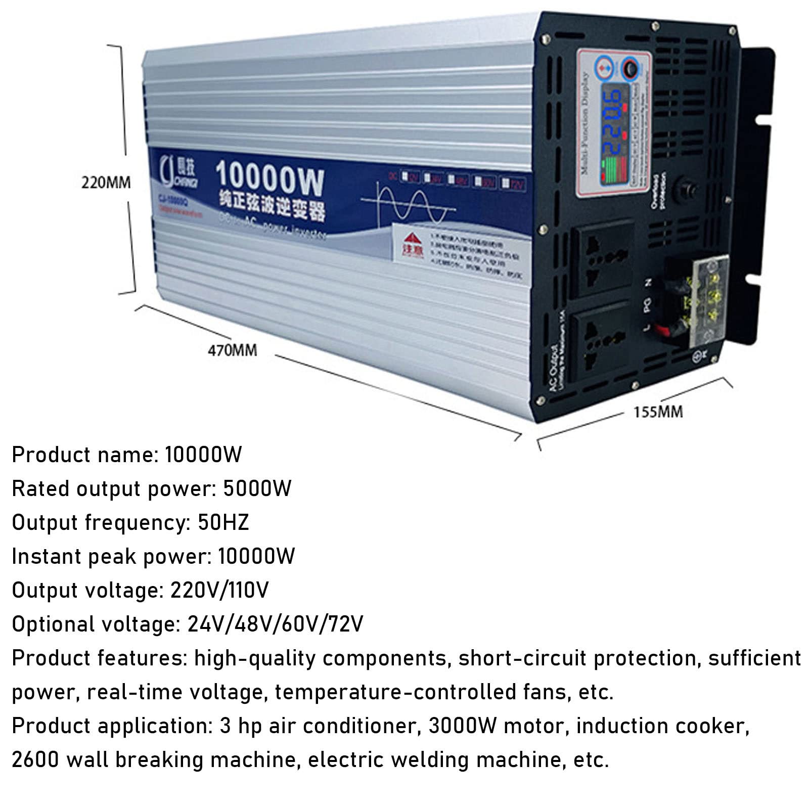 6000W,8000W,10000W,12000W czysta fala sinusoidalna przetwornica napięcia 2 gniazdka AC 12V24V48V60V72V do 110V-220V konwerter zasilania samochodu na kemping moc na zewnątrz,10000W-60VTO110V