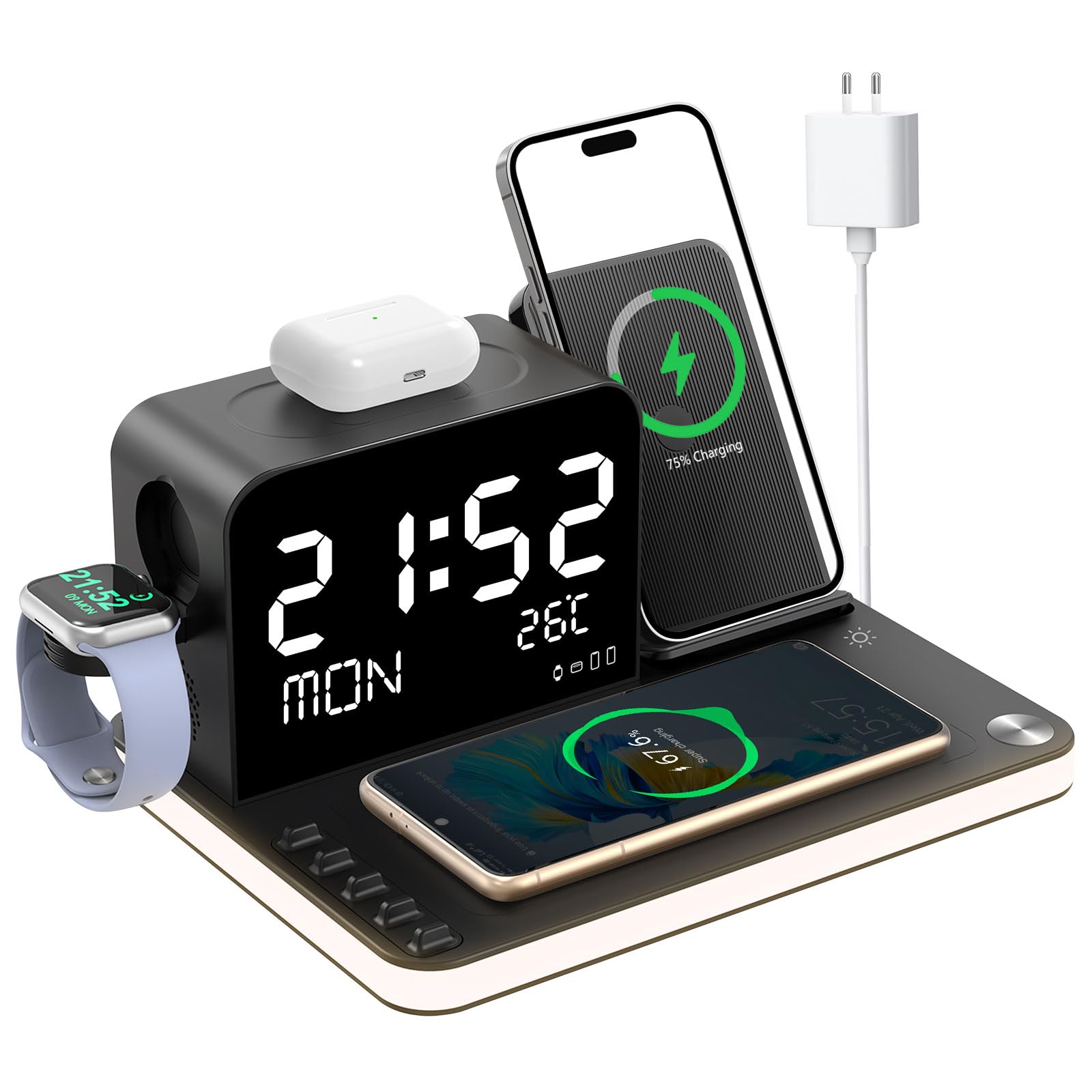 7-in-1 kabelloses Ladegerät mit Uhr, Temperatur & Datum, kompatibel mit iPhone 17/16/15/14/13 Pro Max, AirPods & Apple Watch, kompatibel mit Samsung S25/S24, einstellbares Nachtlicht, 33W-Adapter