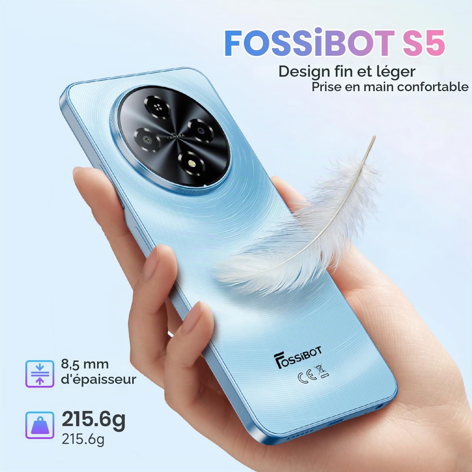 FOSSiBOT S5-120Hz+6.88" Écran Telephone Portable, 6000mAh Telephone Android 15, 16Go+128Go/TF 1To Smartphone Pas Cher, Gemini AI, Dual SIM 4G/8.5mm/215g téléphone Pas Cher | 6000mAh