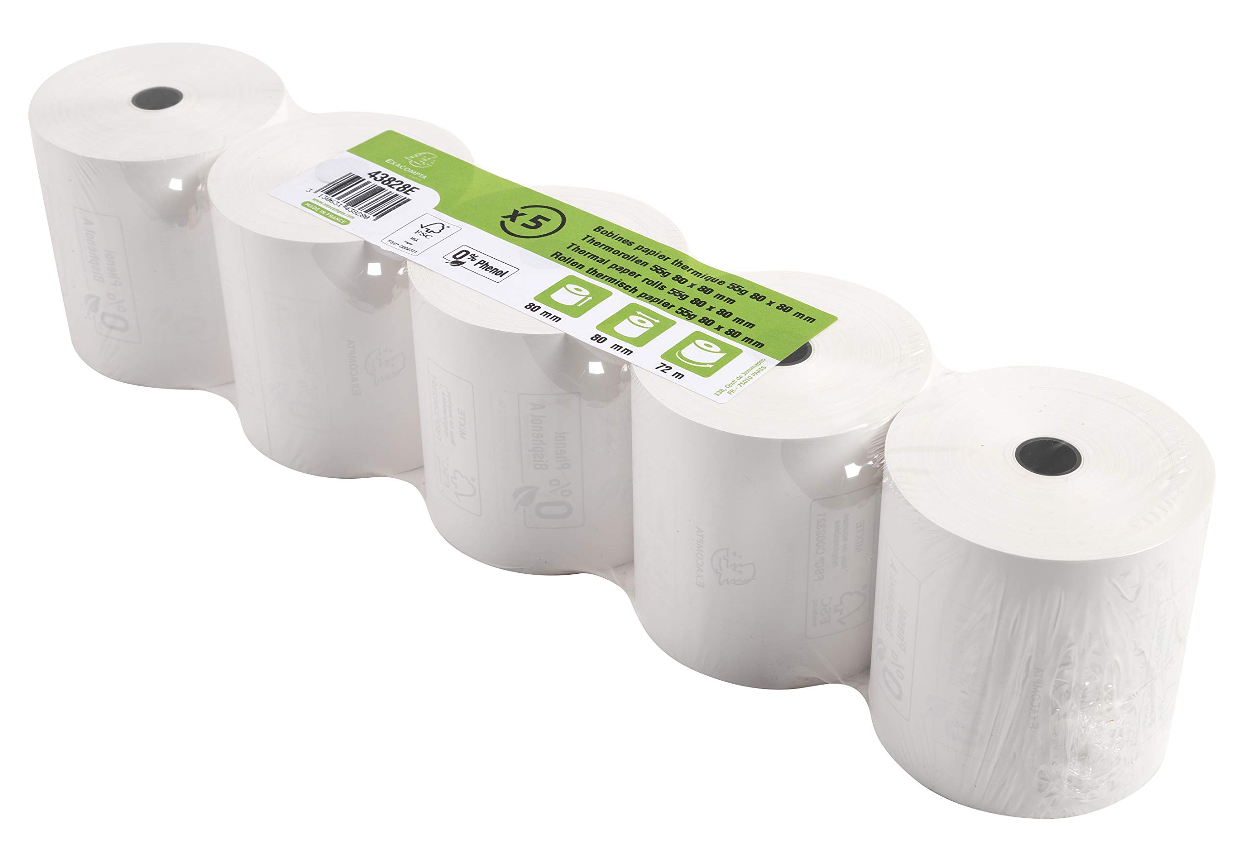 Exacompta - Réf. 43828E - Carton de 20 bobines pour tickets de caisse - largeur 80 mm x diamètre 70 mm - 1 pli thermique 48g/m² sans Phénol - Métrage (+ ou - 2m) : 72 m - Blanc