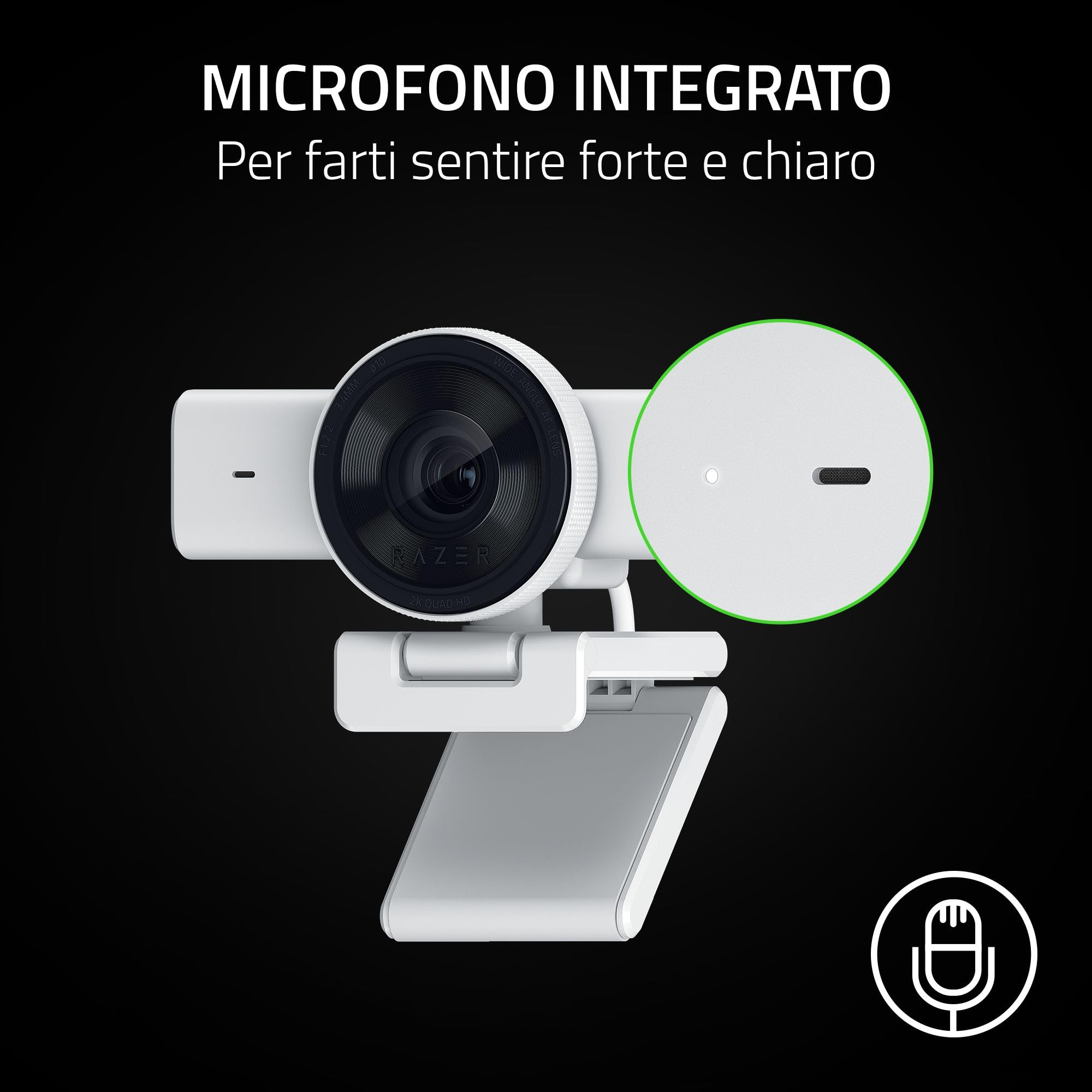 Razer Kiyo V2 X - Webcam Full HD 1080p 60 FPS per Creatori - Autofocus Veloce - Obiettivo Grandangolare - Microfono Integrato - Compatibile con Open Broadcaster Software e Xsplit | Bianco