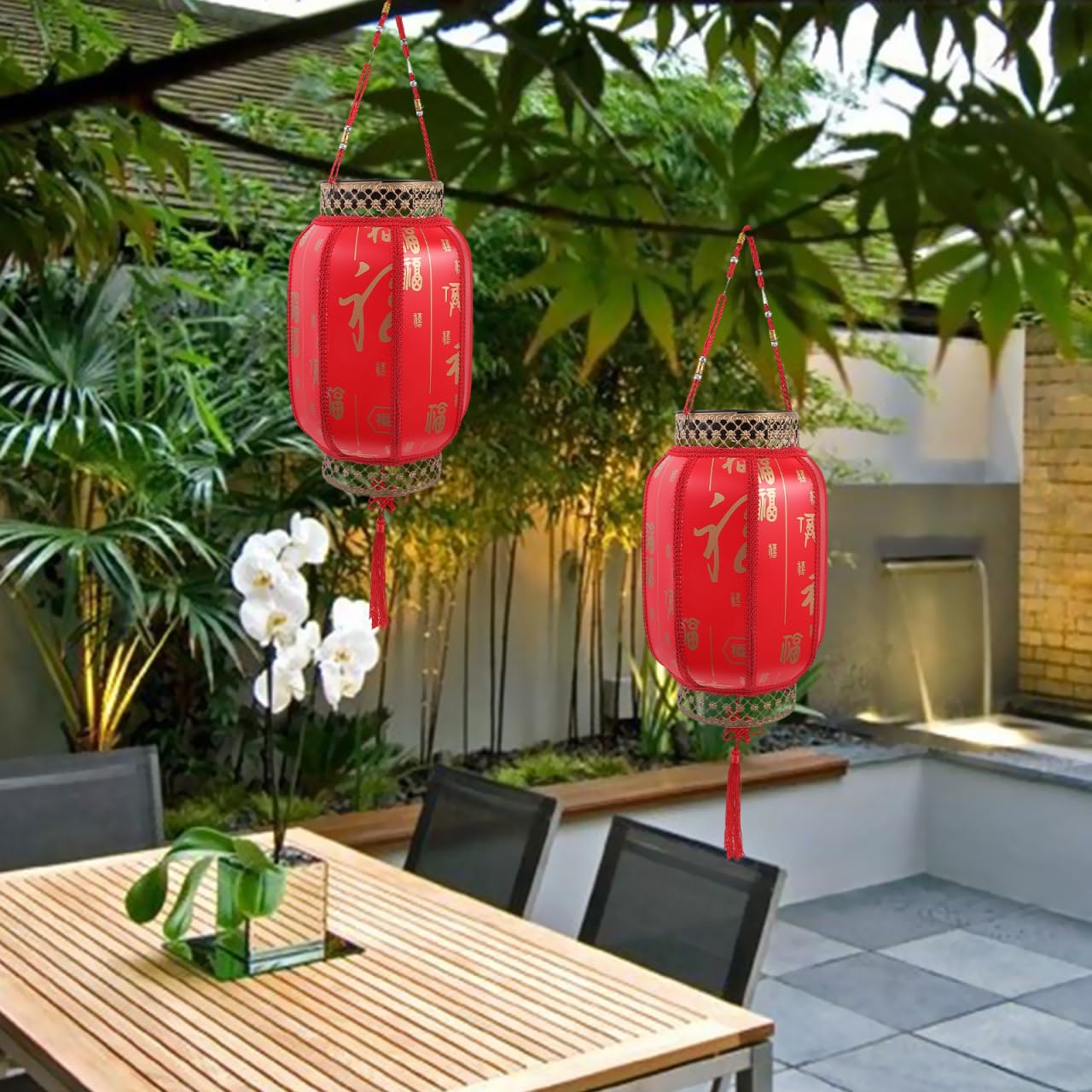 Lanterne solari da appendere, lanterne rosse fortunate con personaggi fu, per esterni, decorazione per patio, cortile, sentiero, giardino