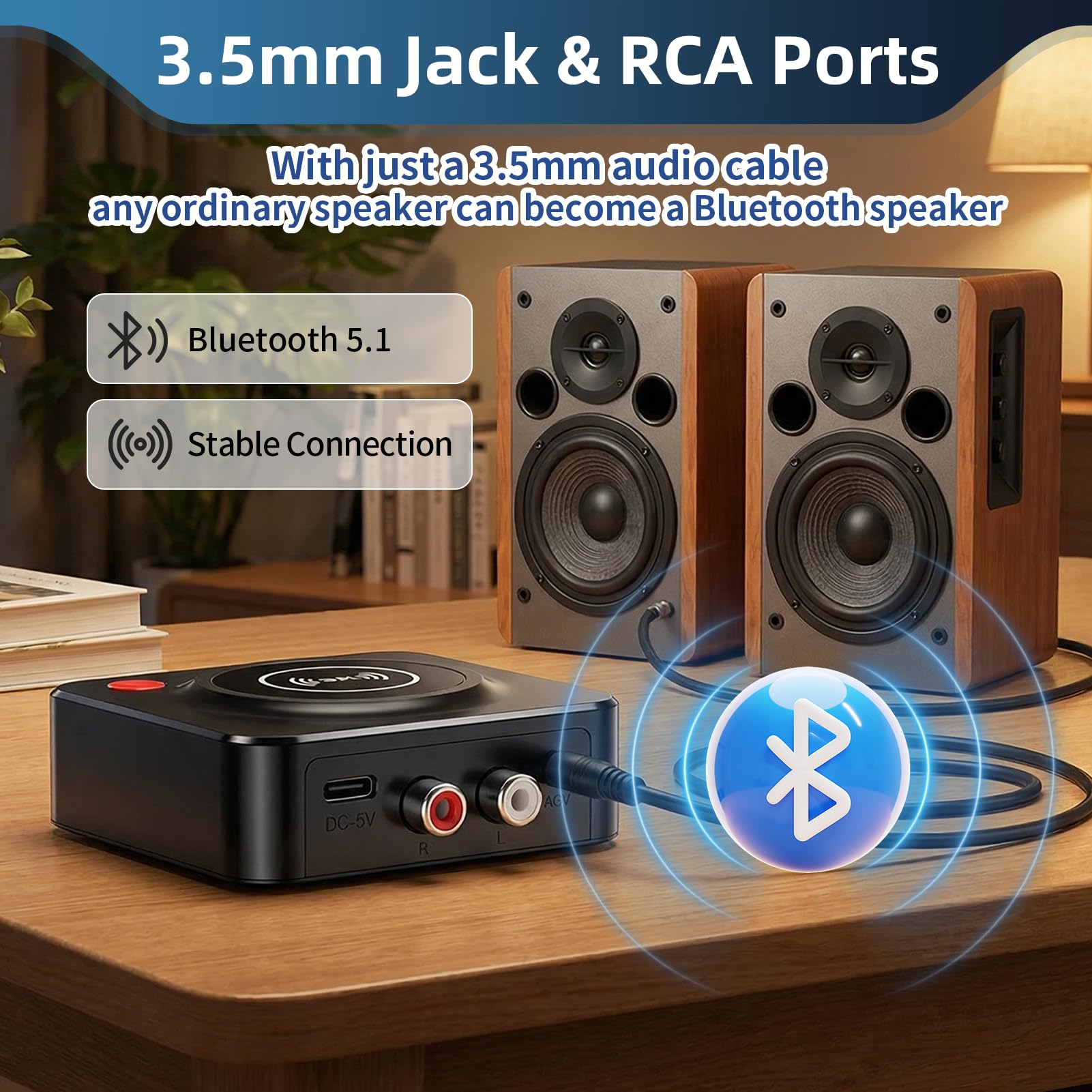 Receptor Bluetooth 5.1 HiFi con Salida AUX 3.5mm/RCA, Adaptador de Audio Inalámbrico con Modo de Graves, Conexión Dual para Estéreo, Altavoces y Amplificadores, Música Inalámbrica — view 4