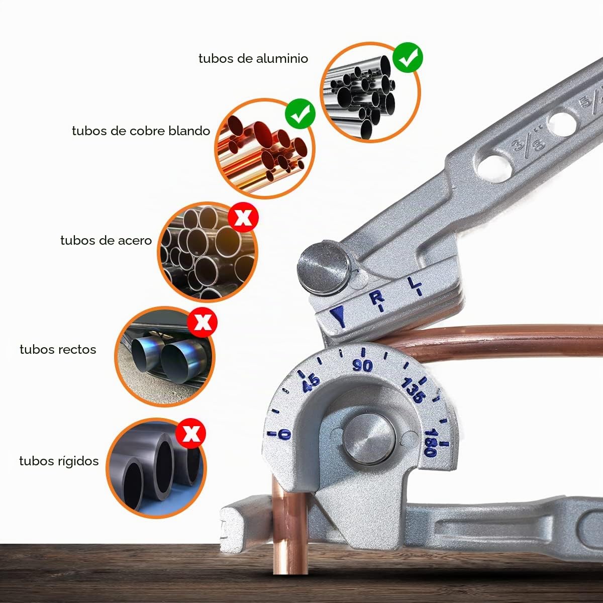 GOLDMAN SERVICE - Dobladora de Tubos Manual 3 en 1 - Curvadora de 180 Grados para Tubos Huecos de Cobre, Aluminio y Latón. Tamaños 1/4", 5/16" y 3/8"