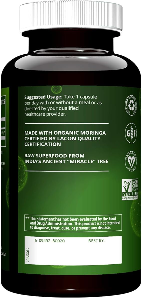 MRM Nutrition Moringa Leaf Capsules - For Women & Men - Made with 600mg Organic Moringa, Supplement to Support Nutrient Density and Digestive Health, Vegan, GlutenFree, NonGMO - 60 Servings