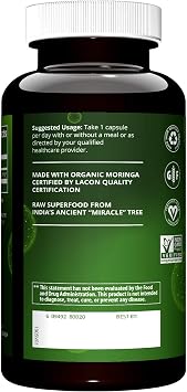 MRM Nutrition Moringa Leaf Capsules - For Women & Men - Made with 600mg Organic Moringa, Supplement to Support Nutrient Density and Digestive Health, Vegan, GlutenFree, NonGMO - 60 Servings