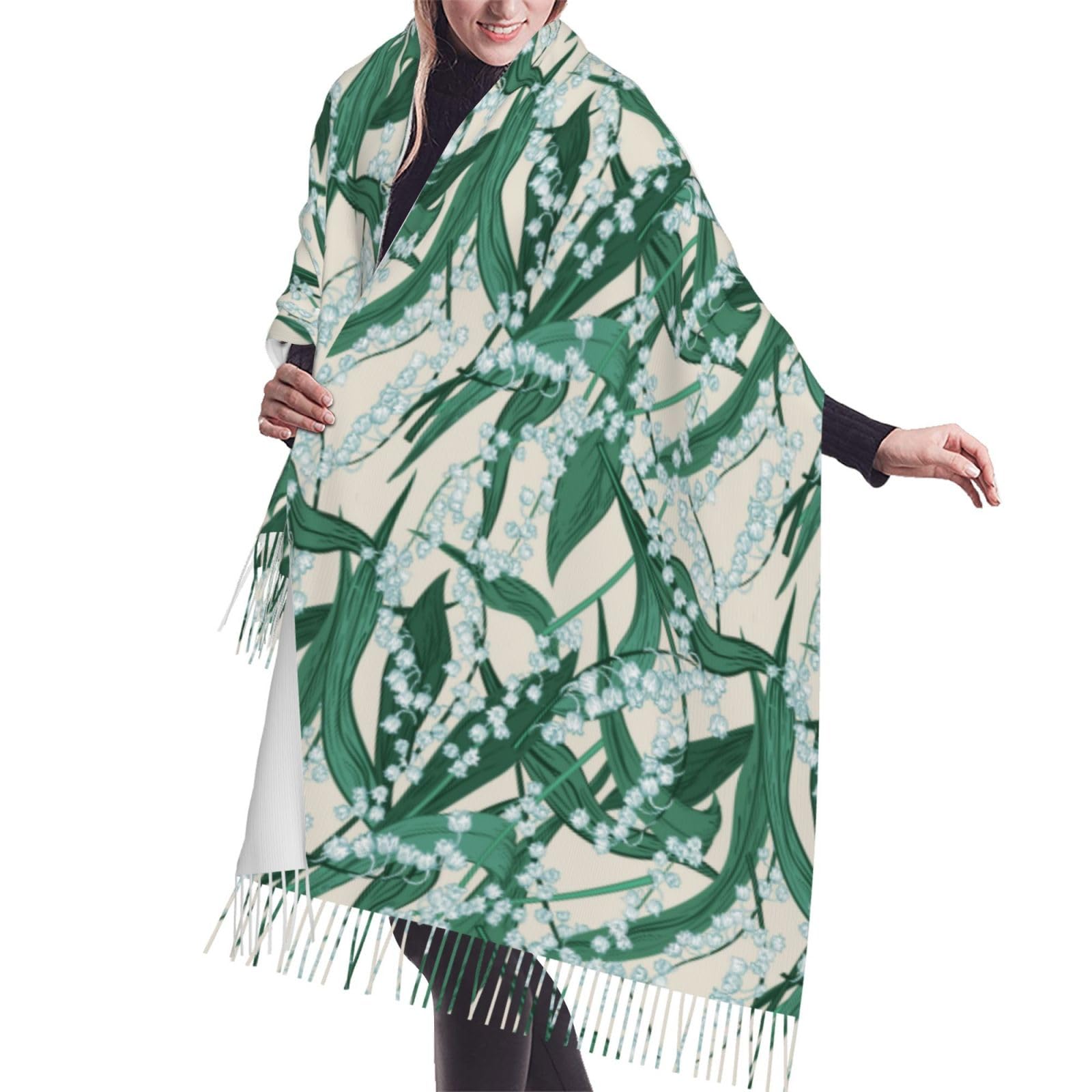 Poadnly Unisex As Picture Lily Of The Valley, Large Soft Cashmere Feel Shawls Wraps Women Fringed Scarf Light Stole 196X68 Cm