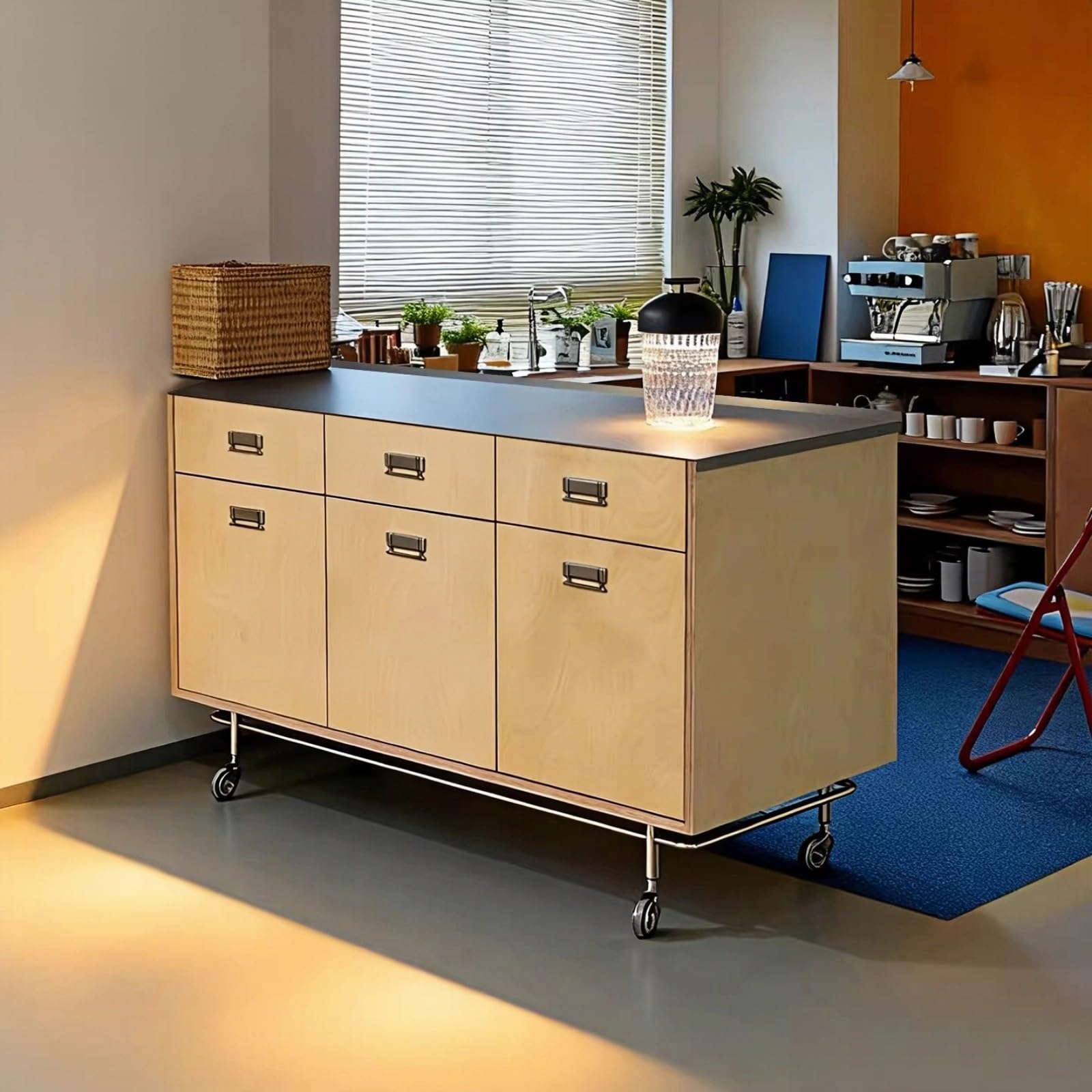 Carrello for cucina con isola, bancone in acciaio inox e 6 ruote portaoggetti anta cassetto Organizer Carrello Scaffale