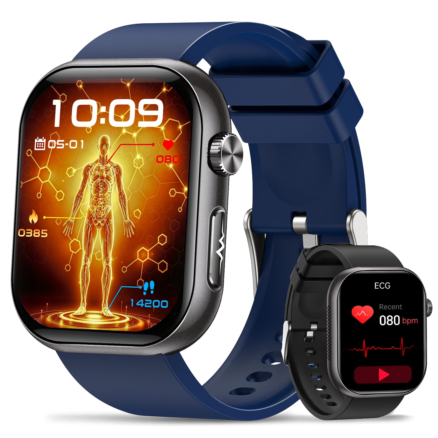 Montre Connectée Homme, ECG, HRV, IMC, Micro-Bilan de Santé, Noir