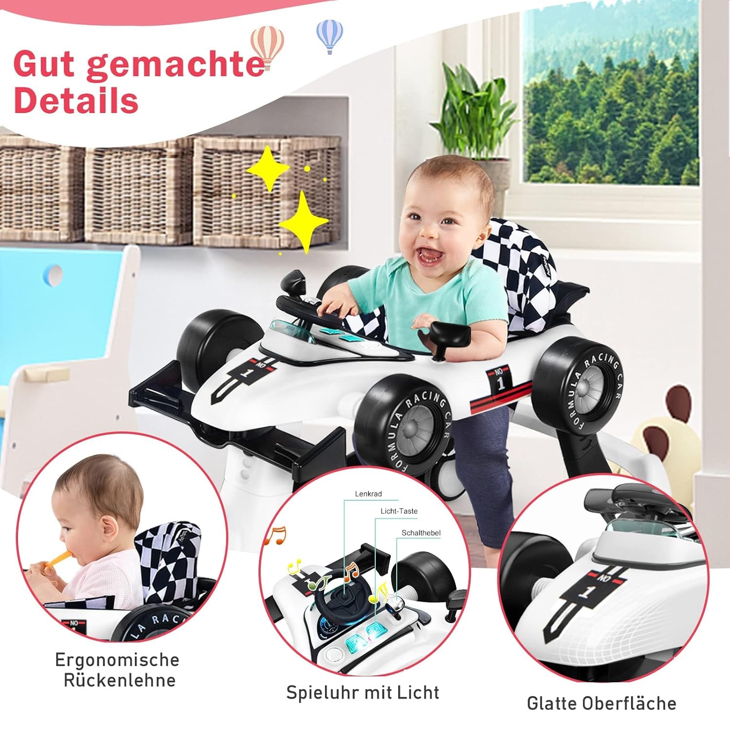 FANTASK Wózek do nauki chodzenia z oświetleniem i kółkami, składany wózek do nauki chodzenia z regulowaną wysokością i prędkością, 4 w 1 Baby Walker w kształcie samochodu, z pozytywką do 15 kg, bez