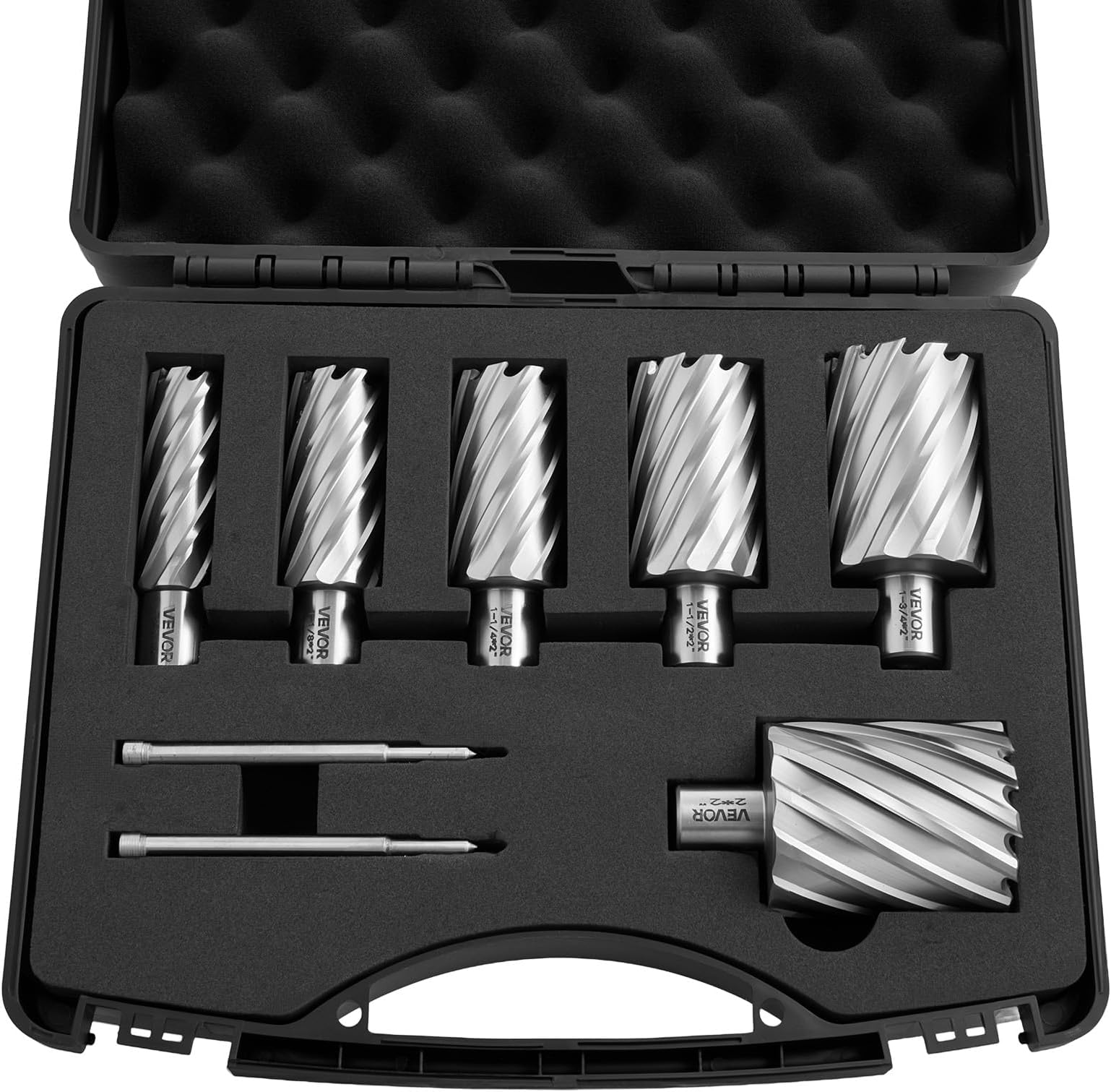 VEVOR Annular Cutter Set, 8 pcs Weldon Shank Mag Drill Bits Kit, 2" Cutting Depth, 7/8" to 2" Cutting Diameter, HSS, 6 Drill Bits with 2 Pilot Pins, Plastic Case, for Magnetic Drills, Steel, Aluminum