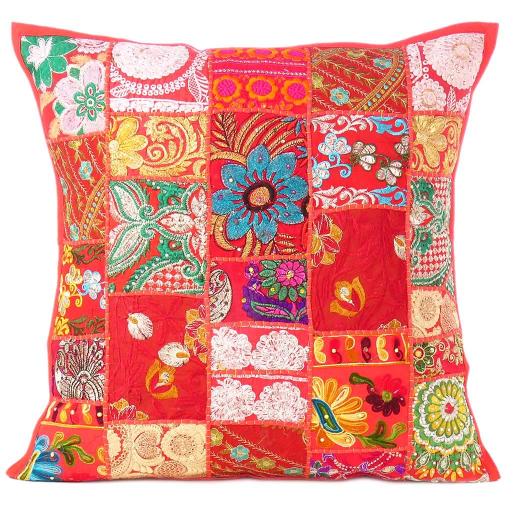 Eyes of India Decorative Patchwork Boho Throw Pillow Cover, Colorful Bohemian Cushion Case for Sofa Couch, Handmade Accent Bedroom Living Room (Red,