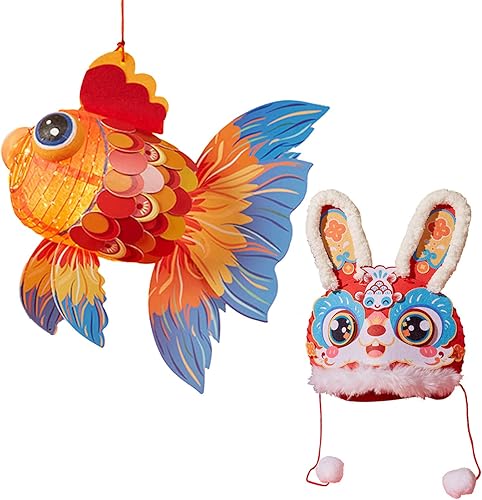 Decoraciones de año nuevo chino 2024, Año Nuevo chino 2024, linternas chinas portátiles de pez de la suerte con luz LED, cosas de manualidades para