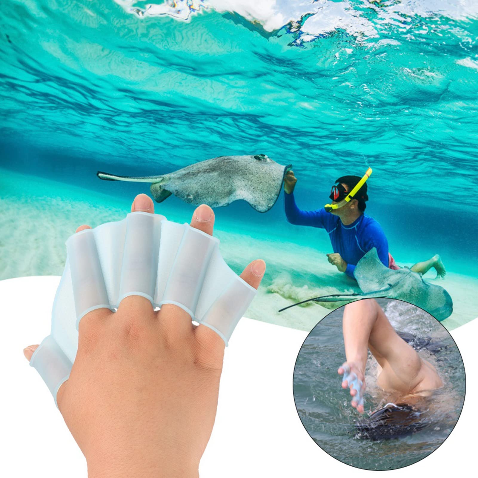 FLEXMAN 1 Pair Silicone Swimming Gloves, Soft Silicone Paddle Fins Fingers Hand Palm Webbed Flippers Training Gloves Water Resistance, Swim Flippers Hand Paddle (M)
