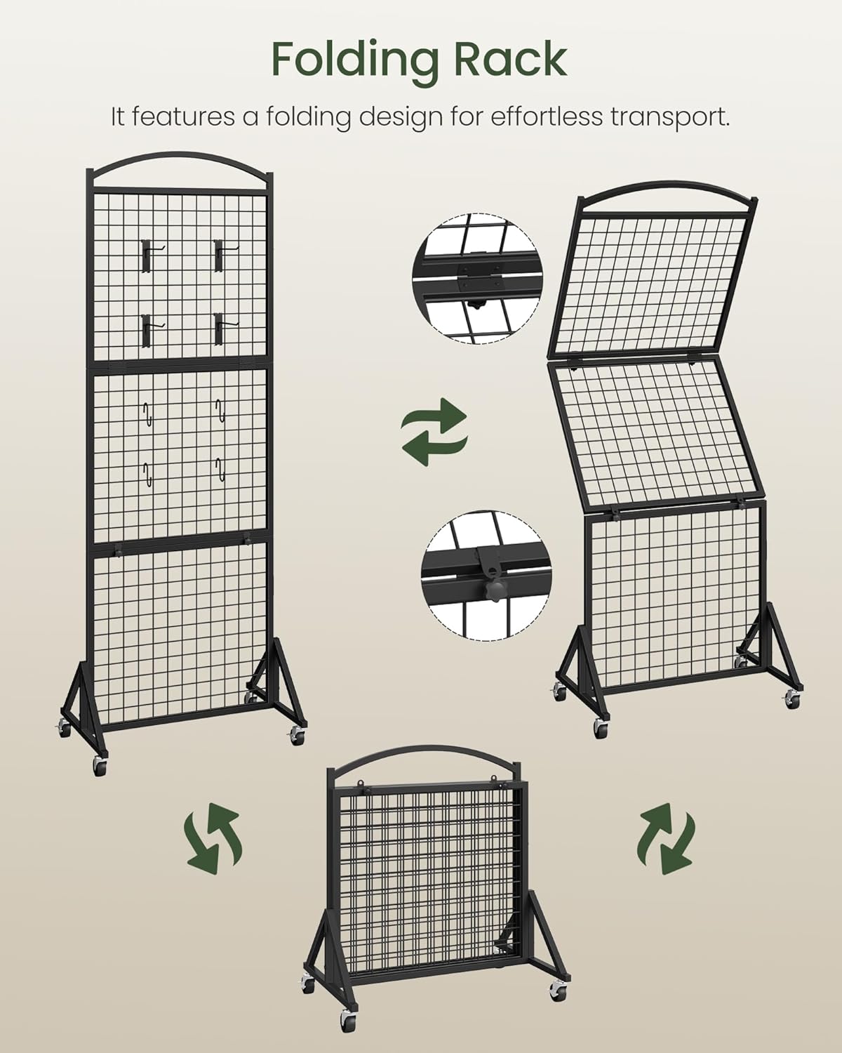 Foldable Grid Wall Panel 1.9' x 5.6' FT, Movable Gridwall Display Rack, Wire Grid Rack on Wheels, Retail Display Stand, with 4 S-Shaped Hooks and 4 Garment Hooks, Black TCJ37BB