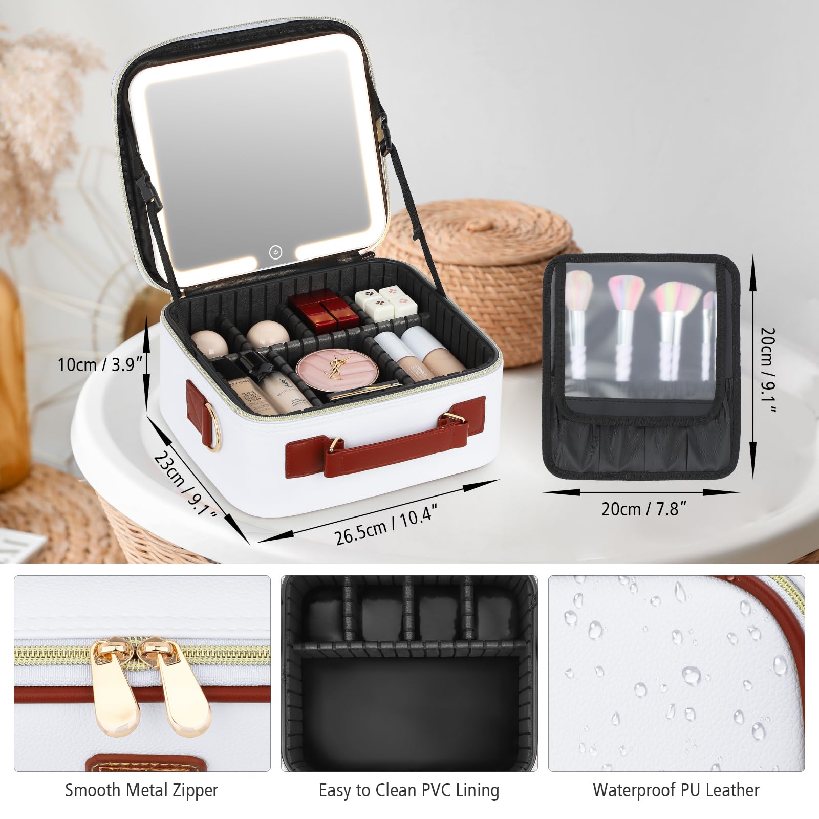 Aiborke Travel Makeup Bag with Led Mirror Make up Case with Lighted Mirror Cosmetic Organizer bag with Adjustable Dividers and 5X Magnifying Mirror Makeup Box Vanity Case for Women White+Brown - Image 3