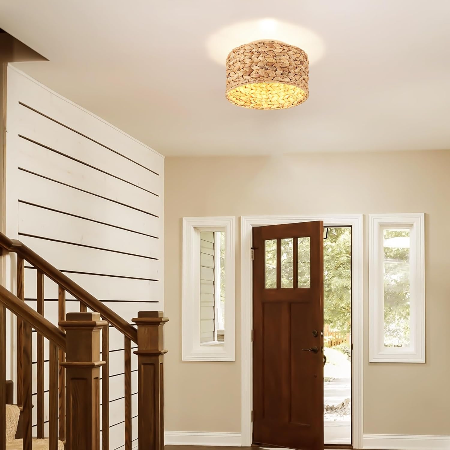 Boho Light Fixture Handwoven Rattan Semi-Flush Ceiling Light - 11.8ft Cord, 1-Light Eco-Friendly Bohemian Style for Bedroom/Kitchen/Farmhouse | Low-Carbon Rattan Woven Lighting