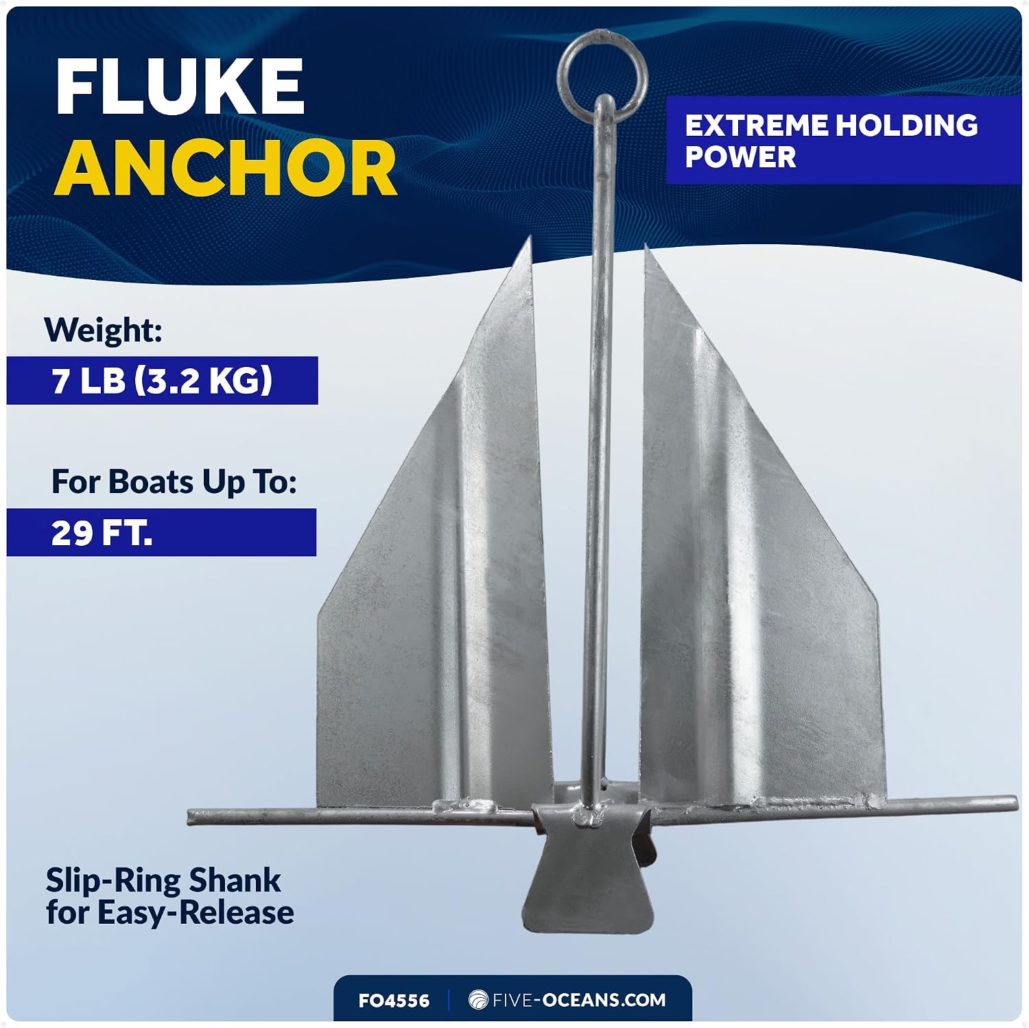 Five Oceans Fluke Boat Anchor, Galvanized Steel, Slip Ring, Heavy-Duty Boat Anchors for Kayak, Dinghy, Paddleboard, Canoe, Personal Watercraft - Multiple Sizes