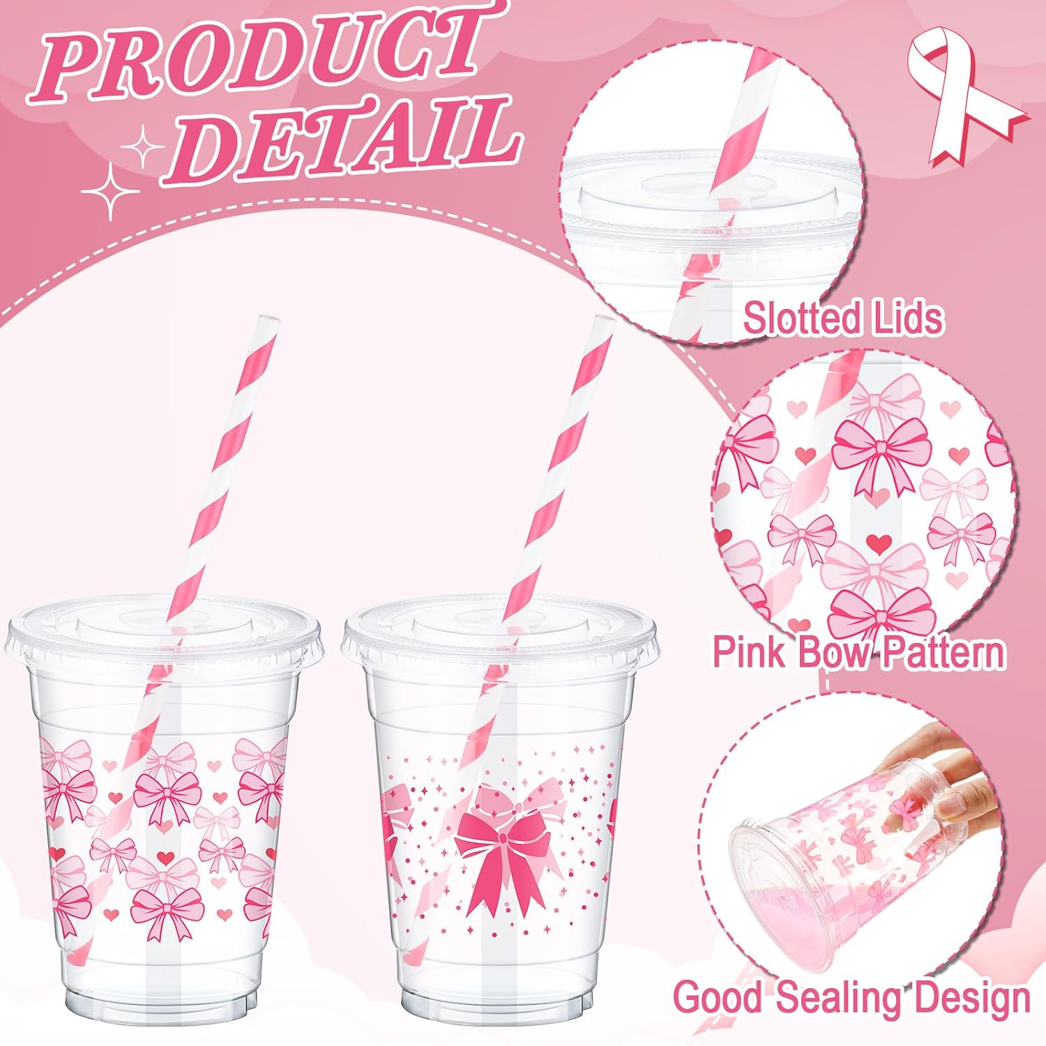Yaomiao 100 Pcs Valentine's Day Pink Bow Plastic Cups 12oz Disposable Clear Galentine Pink Plastic Cups with Lids and Straw Cute Bow Cup Bulk Birthday Wedding Party Favors Supplies for Cold Beverage - Image 6