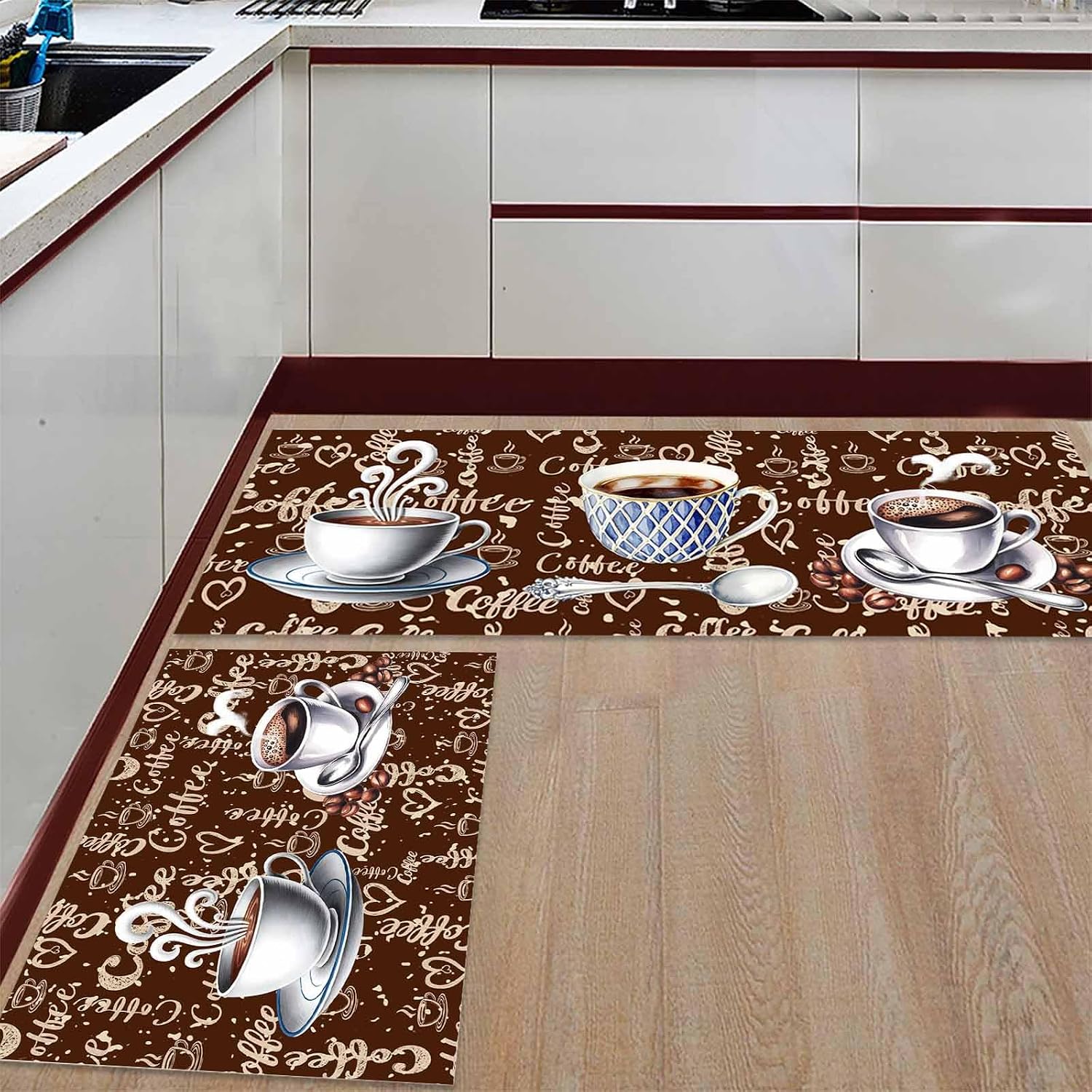 Brown Coffee Farmhouse Kitchen Rugs Set of 2, Coffee Cup Bean Sugar Retro Washable Bath Shower Door Welcome Runner Area Rug Mat Carpet for Bedroom Bathroom Living Room 20"x 32"+ 20"x 47"