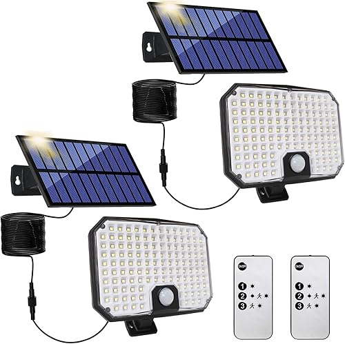 Miniatura 1 de Luces de inundación solares con sensor de movimiento y control remoto, luz de cobertizo del atardecer al amanecer, cable de 16.4 pies, luces de