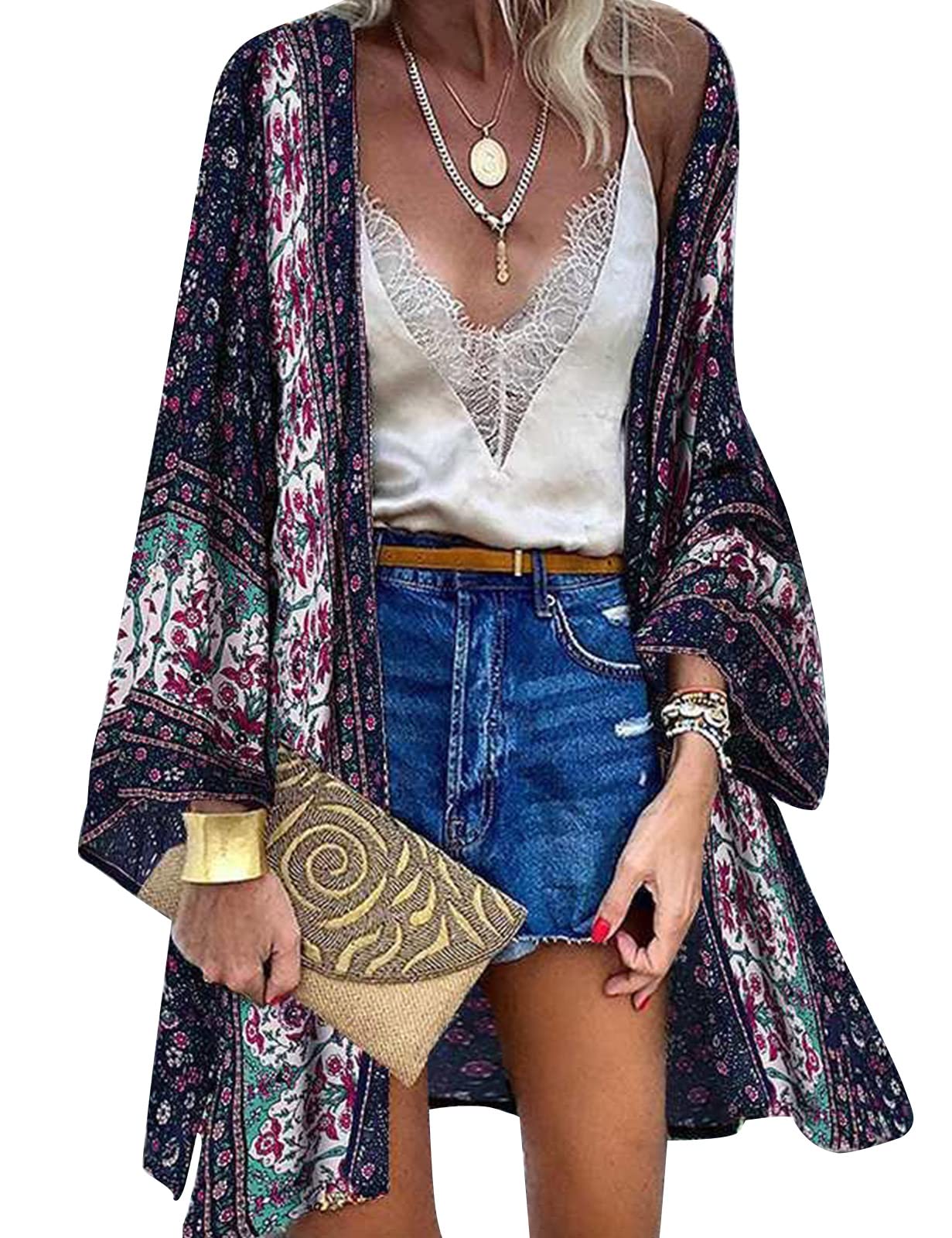 Vancavoo Kimono de Playa para Mujeres Cover Up Floral Cárdigan Bohemia Suelto Verano Blusa Chal Sexy Playa Traje de Baño Camisolas Playa Mujer