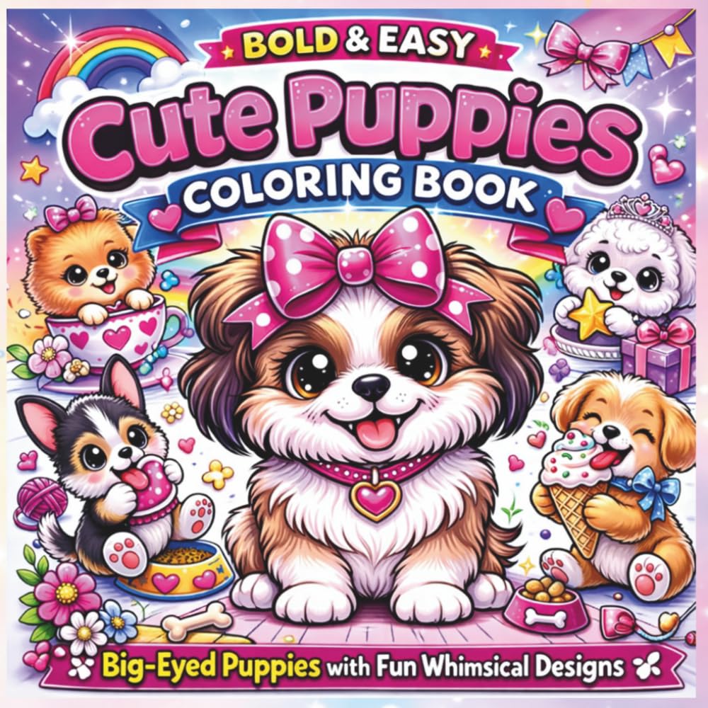Cute Puppies Coloring Book: Big-Eyed Puppies with Fun, Whimsical Designs • Adorable Dogs with Hearts, Stars, Patterns & Playful Scenes for Relaxation