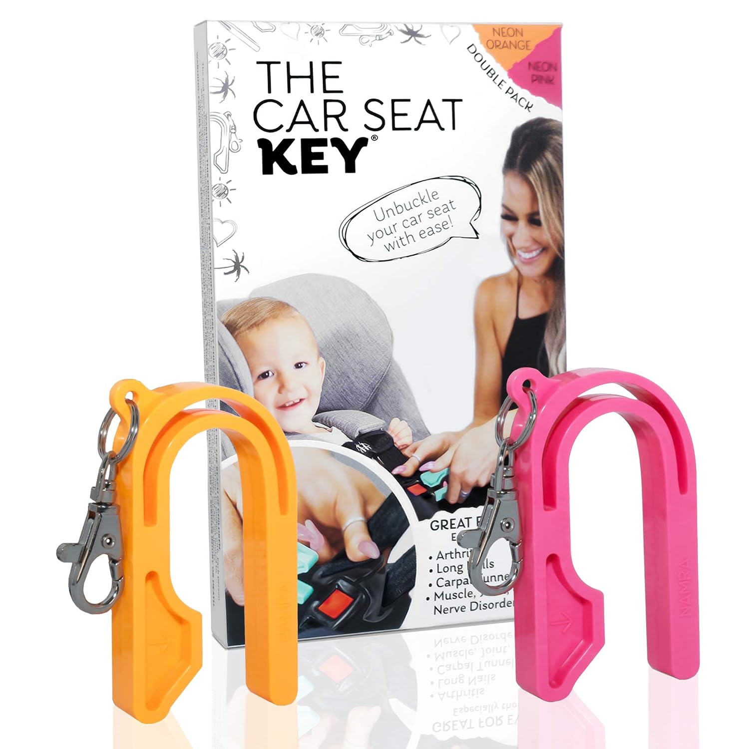 The Car Seat Key - Original Car Seat Key Chain Buckle Release Tool - Easy Unbuckle Opener Aid for Nails, Parents, Grandparents & Older Children by NAMRA Made in USA (2 Pack, Neon Orange & Neon Pink)