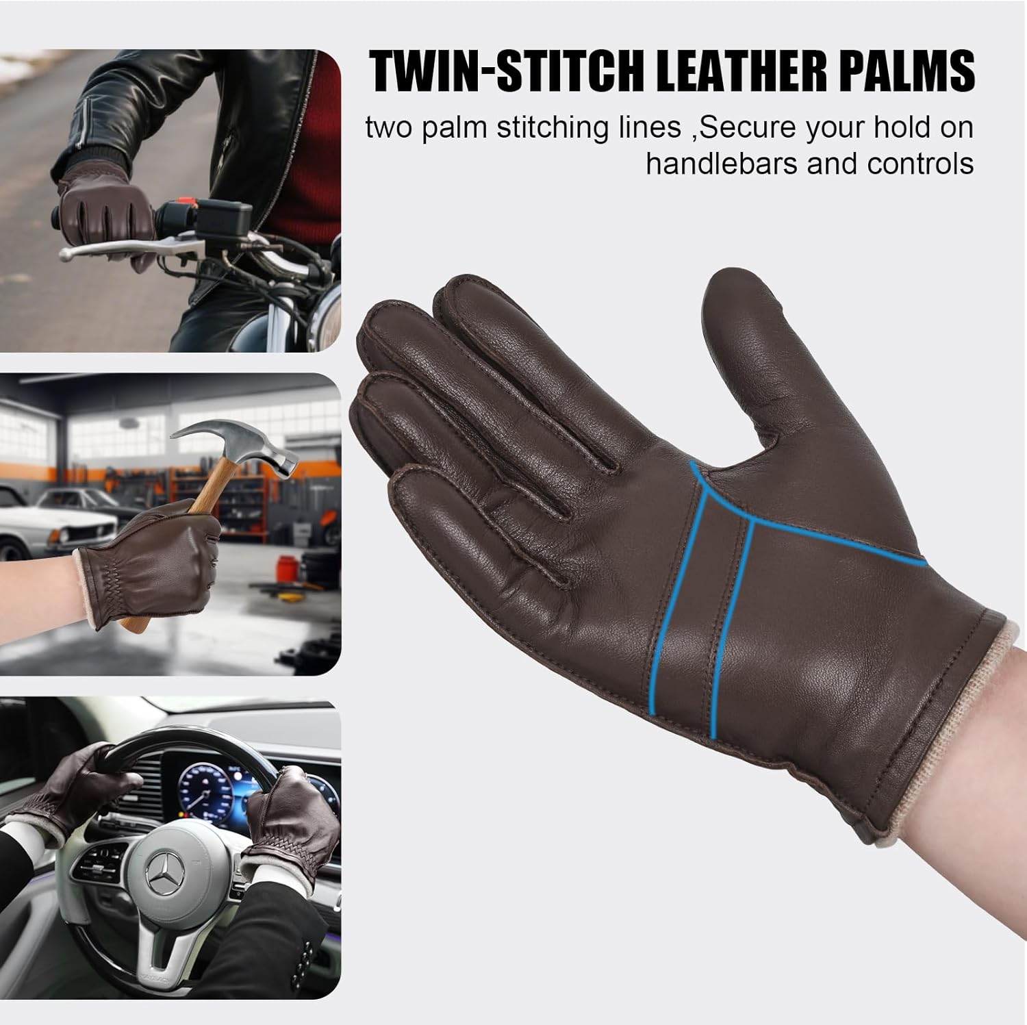 GSG leather gloves for men Sheepskin Classic Driving Gloves Winter Touchscreen Wool Lined Warm Gloves - Image 4