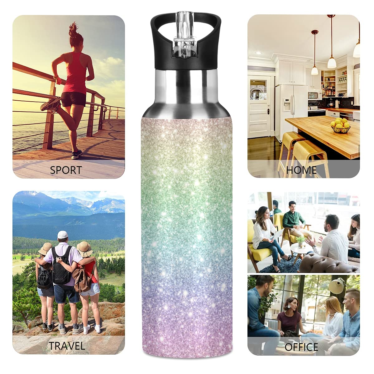 Shiny Rainbow Glitter Water Bottle Kids Thermos Bottle with Straw Lid Kids Insulated Stainless Steel Water Flask Leakproof Thermos Bottle for Gym Outdoor 20 oz