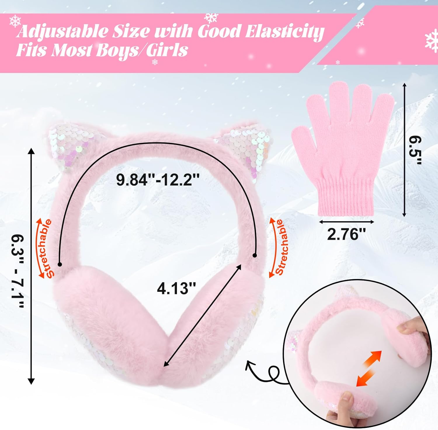 Cute Cat Earmuffs with Gloves, Adjustable Girl Boy Ear Warmer, Sequins Ear Covers, Kid Ear Protection, Warm Ear Muffs - Image 2