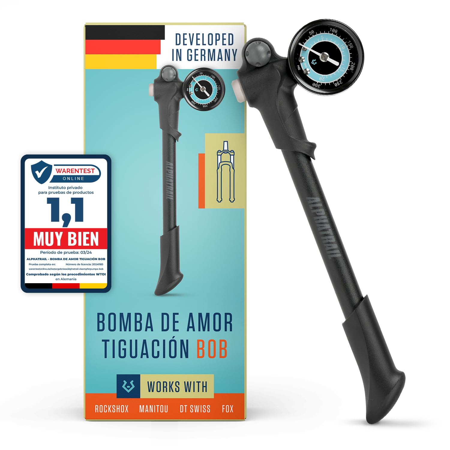 Alphatrail Bomba de Amortiguación Bob - para Todos los amortiguadores de Aire y Horquillas 300 PSI / 20,7 Bar presión I Air Bleeder I Gran manómetro (Ø40mm) I Bomba supsension para RockShox, Fox etc