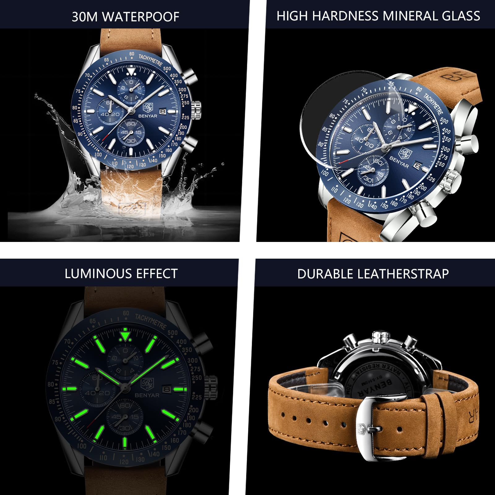 BENYAR 5140L - Reloj de pulsera de estilo clásico, moderno y elegante para hombre, con diseño deportivo de estilo casual, correa de cuero, Azul plateado 6