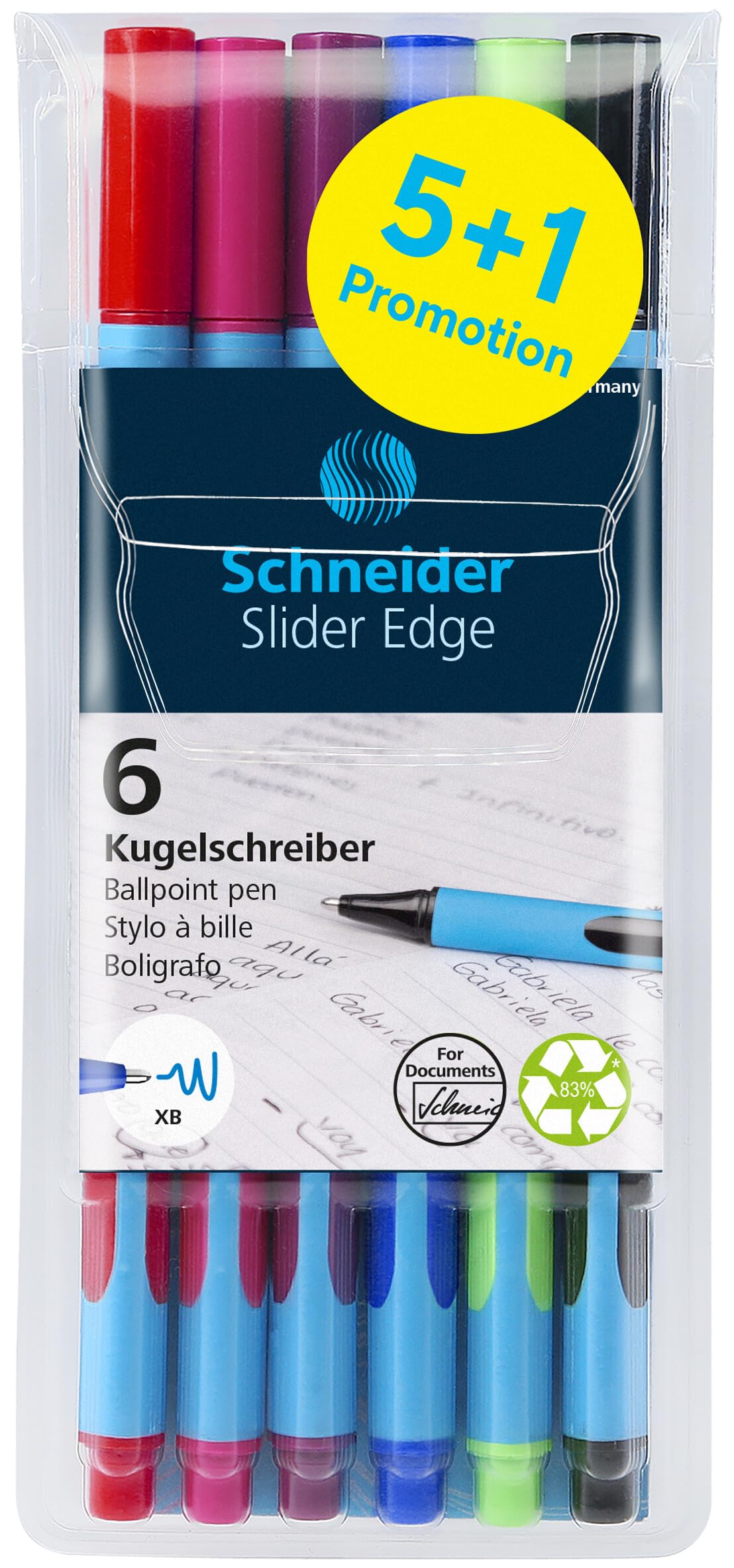 Schneider 152284 Slider Edge XB długopis (grubość kreski: XB, nieścieralny, trójkątny długopis) 5 + 1 sztuka