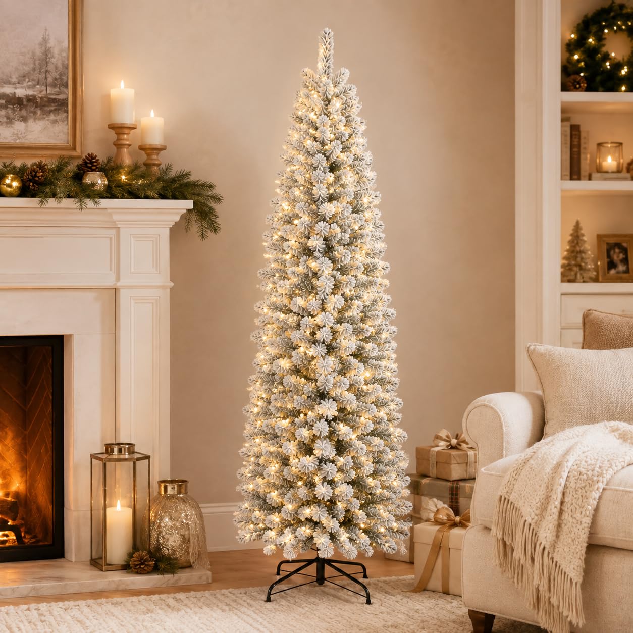 SHOPNEW 7FT Pre-Lit Flocked Slim Pencil Christmas Tree Warm&White Lights
