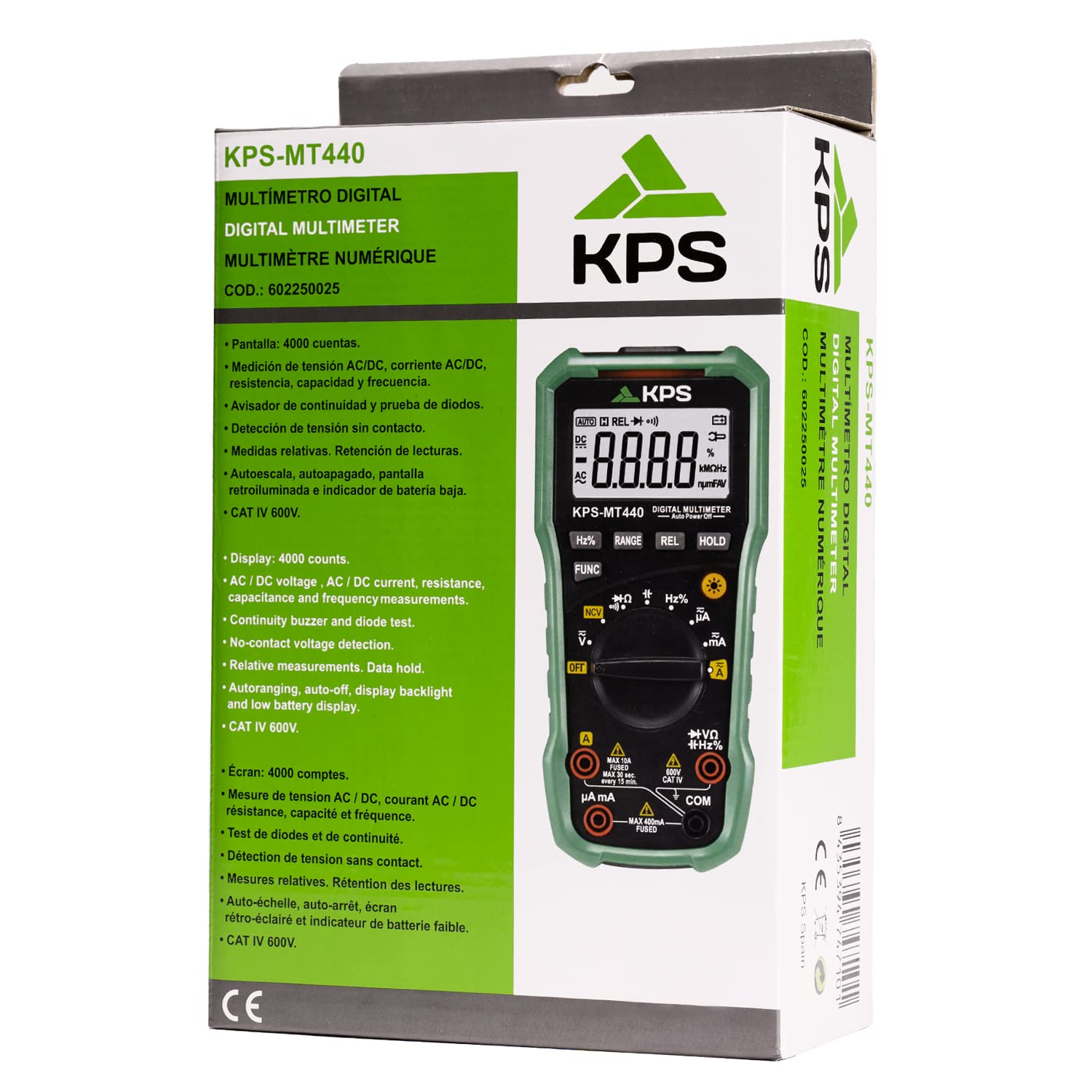 KPS-MT440 Multimetro digital Tensión AC/DC 600V, Corriente AC/DC 10A, Resistencia, Capacidad, Frecuencia, NCV (Detección Sin Contacto), CAT.IV 600V