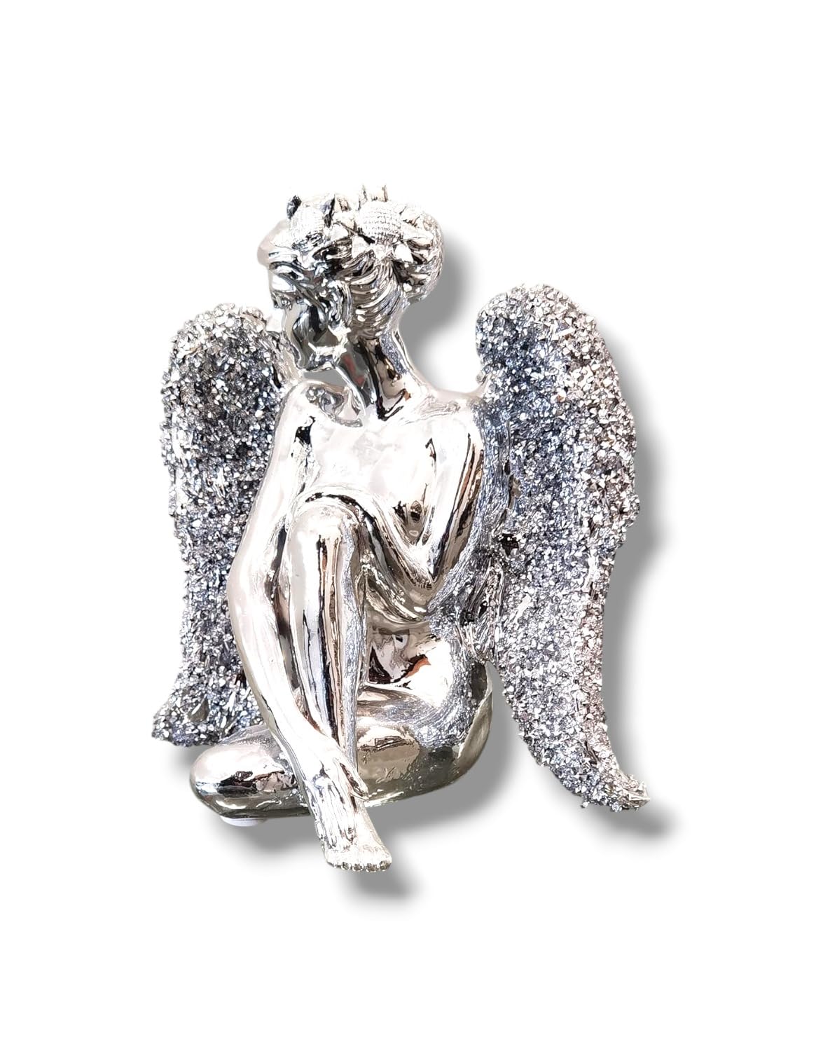 Sitting Angel With Wide Wings Crushed Ornament Silver Sparkle Diamond For Gift Beautiful Decorative