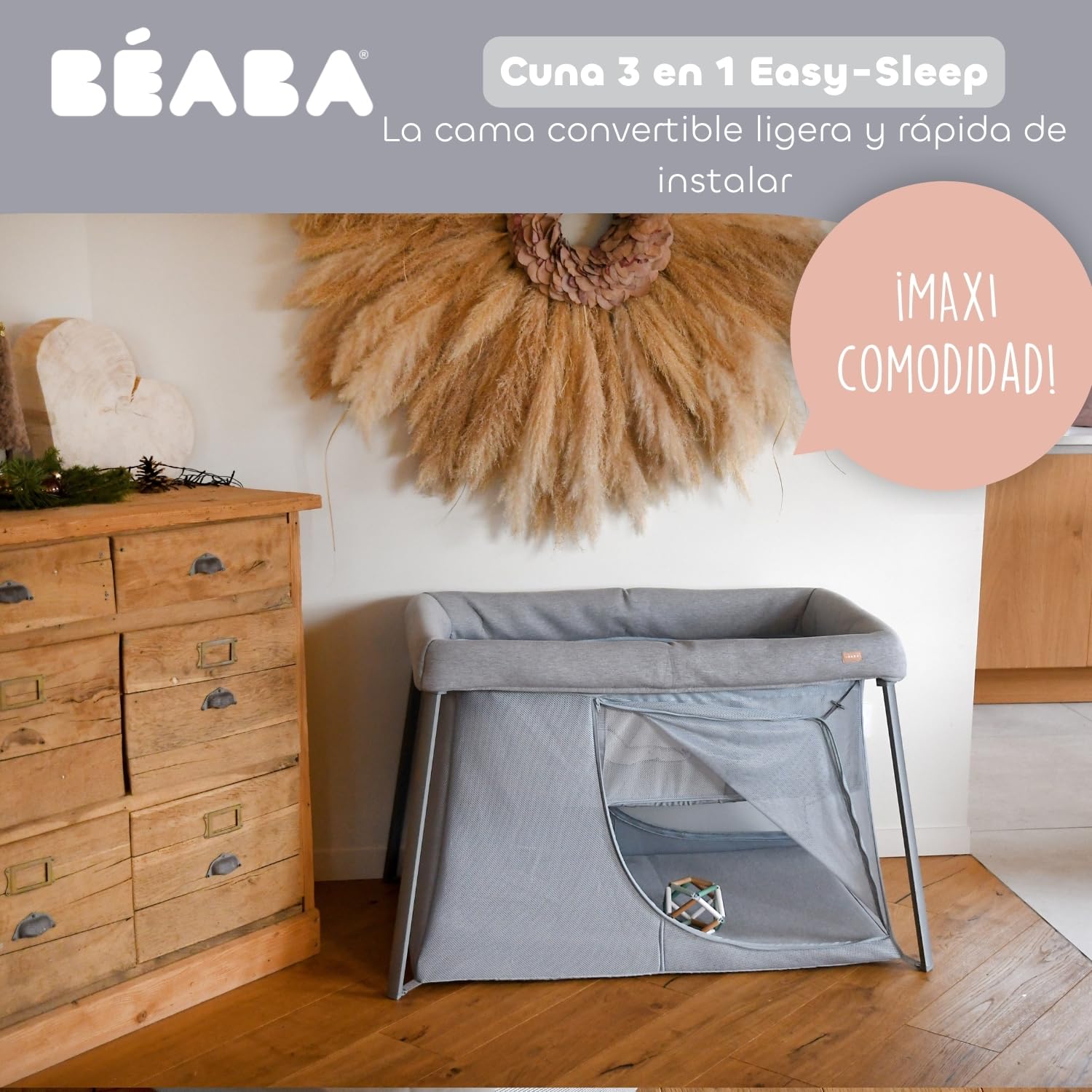 BÉABA, Cama Paraguas 3 en 1, Cuna Bebé, Cama Elevadora, Parque Infantil, Evolutiva, Ligera 6,8 kg, Plegable, Compacta, Bolsa y Colchón Incluidos, Transpirable, Tejido Oeko-Tex, Gris Brezo/Guijarro