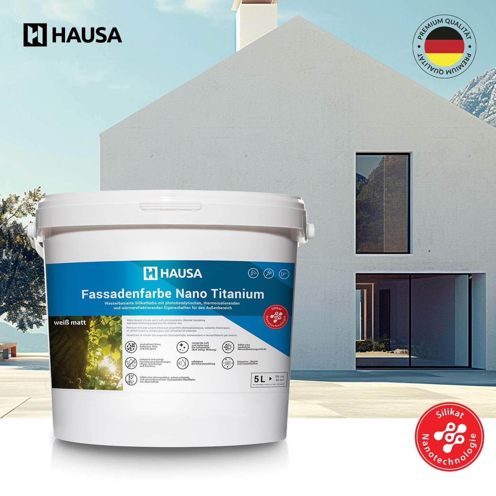 HAUSA Fassadenfarbe Nano Titanium 5L weiß matt Wandfarbe für Außen mit Abperleffekt, extrem wetterbeständig, energiesparend thermoisolierend, reinigt die Luft (Anti-Smog Wirkung) algenresistent