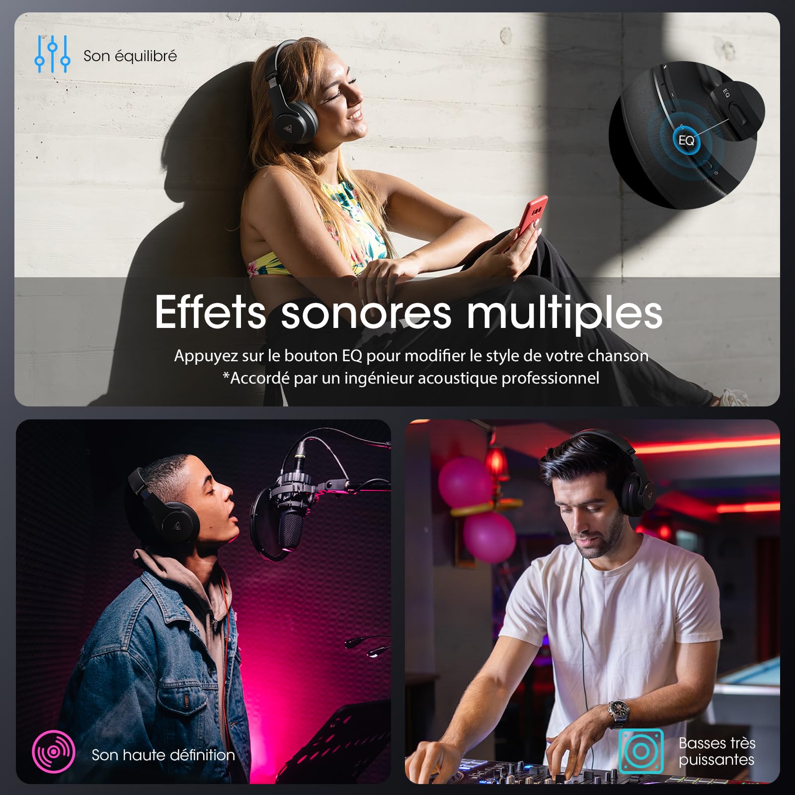 DOQAUS Casque Bluetooth sans Fil 90H avec Microphone /3EQ,Casque Audio Bluetooth,Wireless Headphones Pliable pour Ordinateurs/Téléphones Mobiles