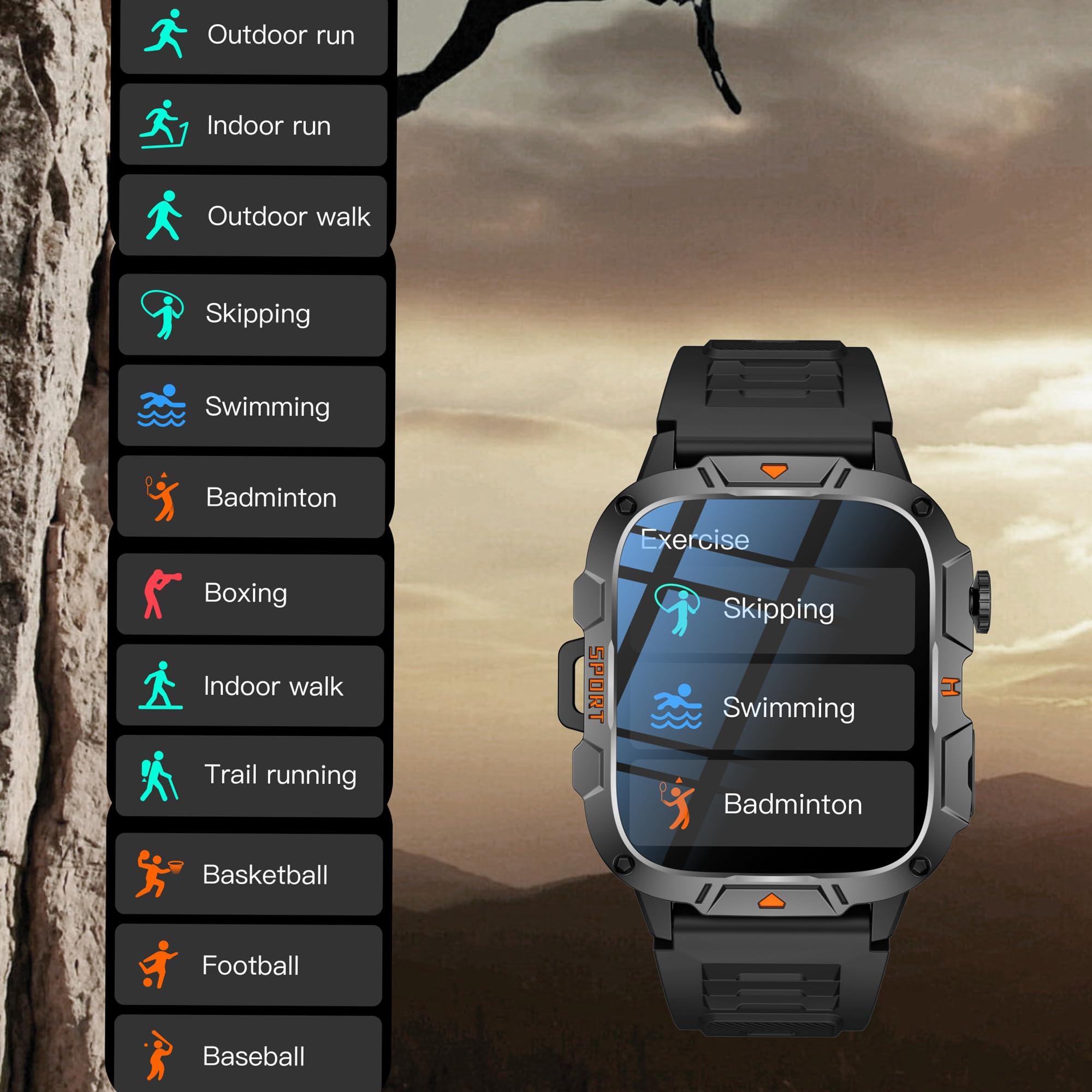1,96" AMOLED Smartwatch Herren mit Telefonfunktion, Taschenlampe, Sportuhr mit Bluetooth Anrufe mit Schrittzähler, 5ATM Wasserdicht Smart Watch für iOS Android(2 Armbänder) (Orange)