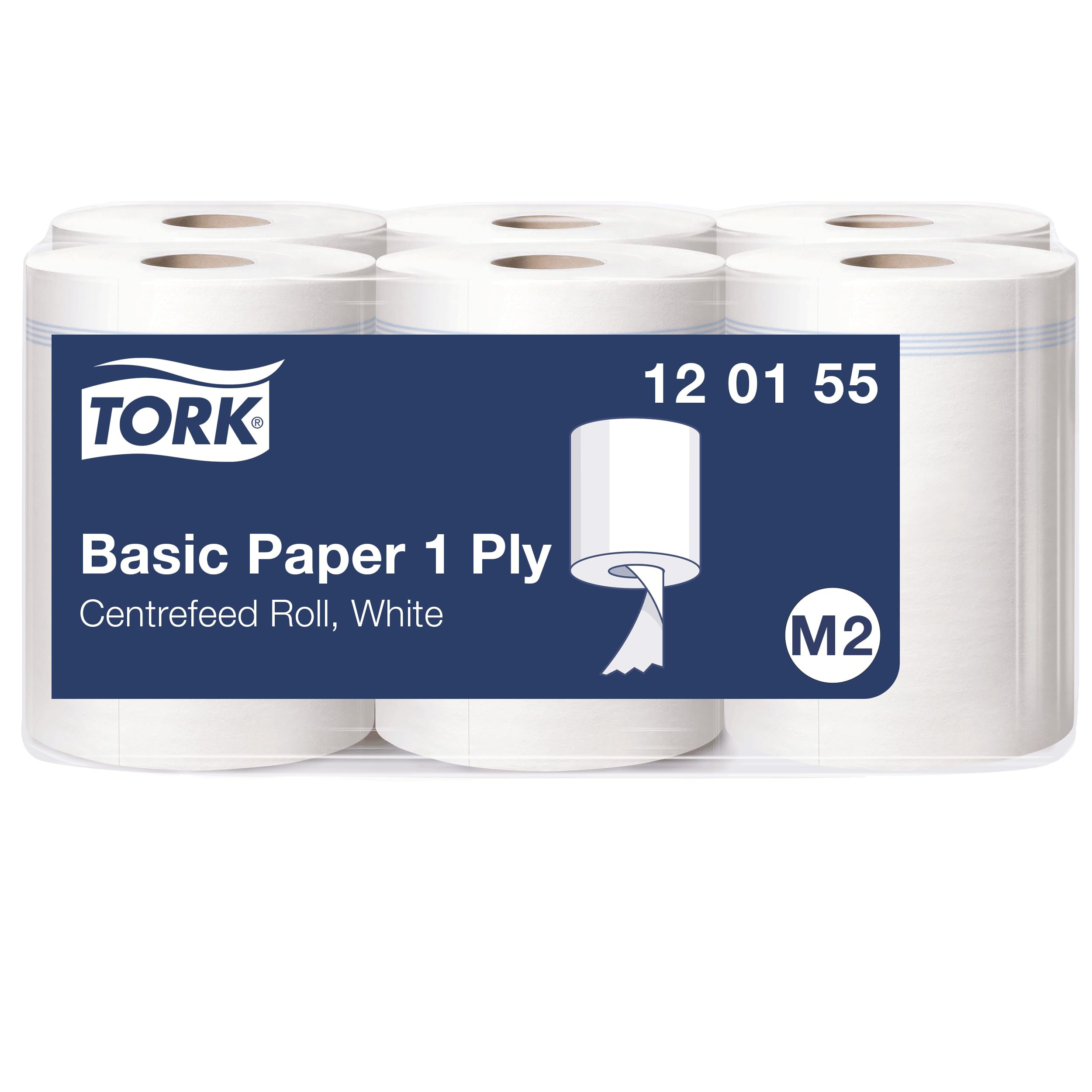 Tork 120155 toallitas de papel estándar para el sistema dispensador M2 / papel estable de 1 capa en blanco, 6 x 300 metros | 1 capa, color blanco, VE 6 rollos, calidad universal, sin perforación