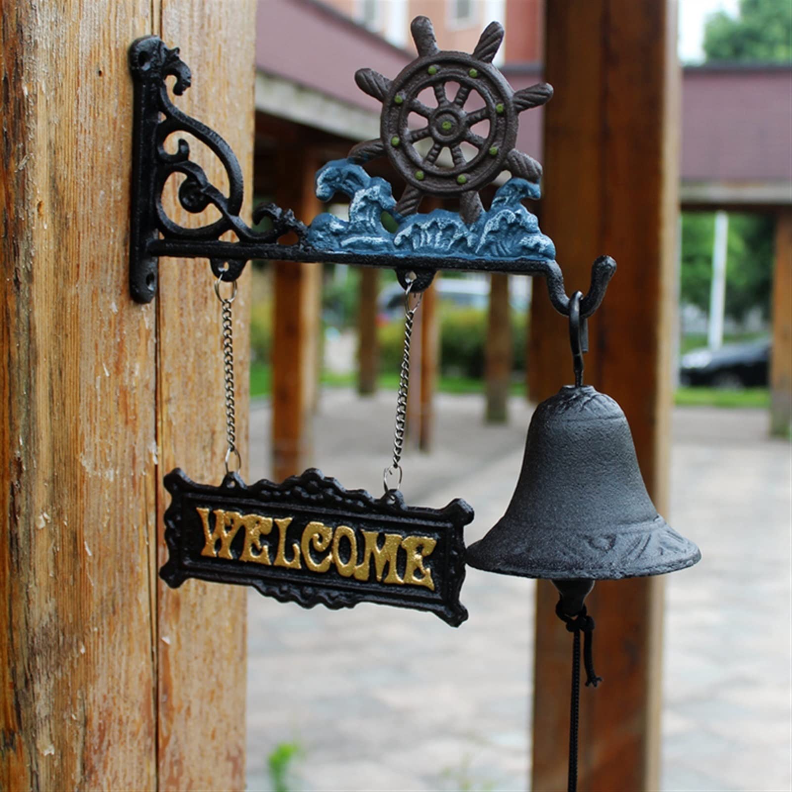 doorbell, Wall Hanging Doorbell Beach Rudder Cast Iron Bell With Gold Welcome Signs Plaques