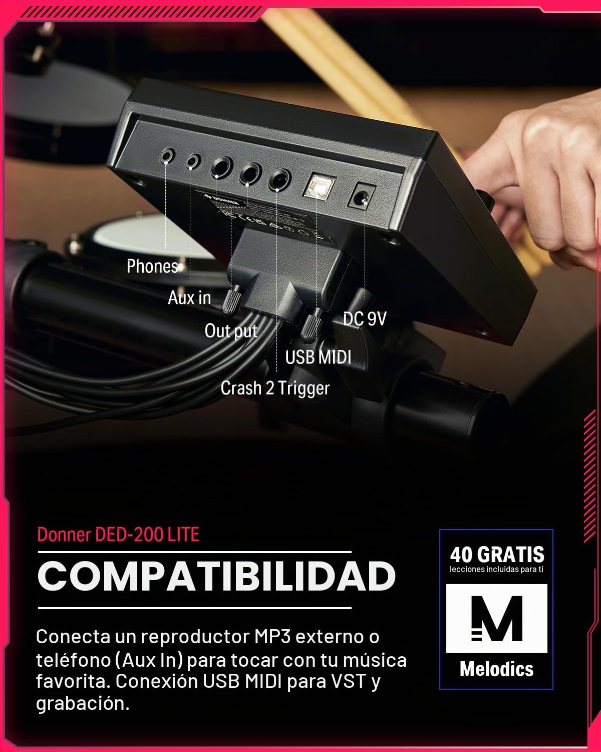 Batería Electrónica, Donner DED-200LITE Kit de Batería Eléctrica para Principiantes con más de 450 Sonidos, USB MIDI Parches de Malla Silenciosos Banqueta Auriculares Baquetas 40 Lecciones de Melodics